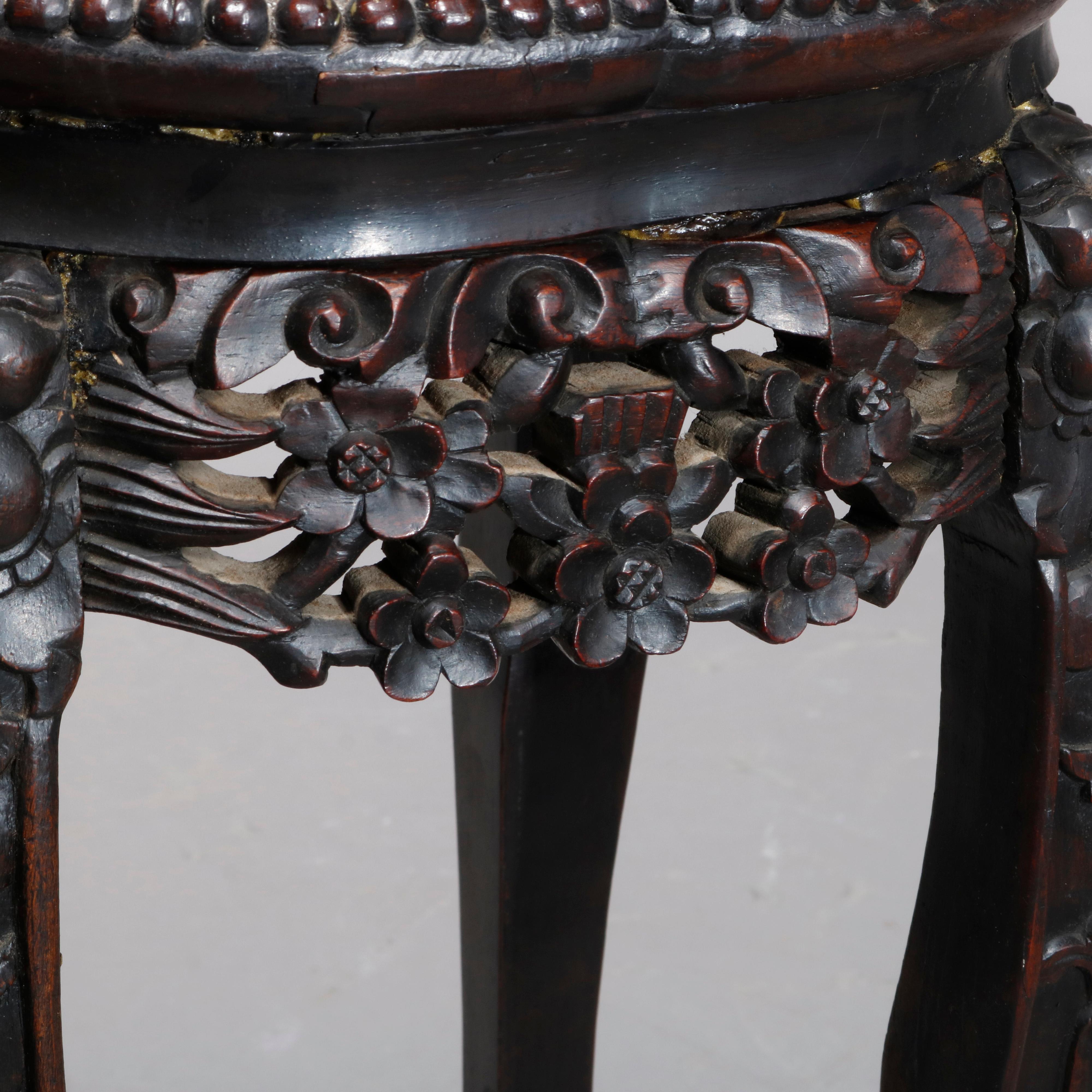 Antique Chinese Carved Rosewood Marble-Top Plant Stand, circa 1900 3