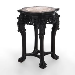 Antique Chinese Carved Rosewood Rouge Marble Top Claw & Ball Foot Stand c1910