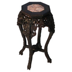 Antique Chinese Carved Rosewood Rouge Marble Top Table