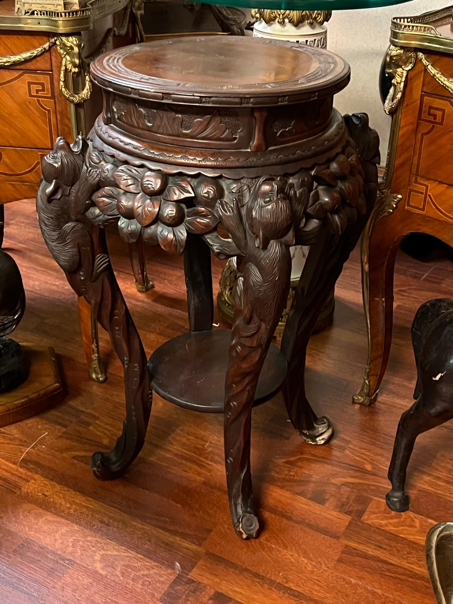 Hand-Carved Antique Chinese Carved Rosewood Side Table or Plant Stand For Sale