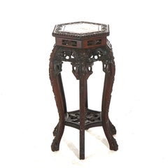 Antike chinesische geschnitzt Palisander Sechs-Bein-Rouge Marmor Top Plant Stand C1910