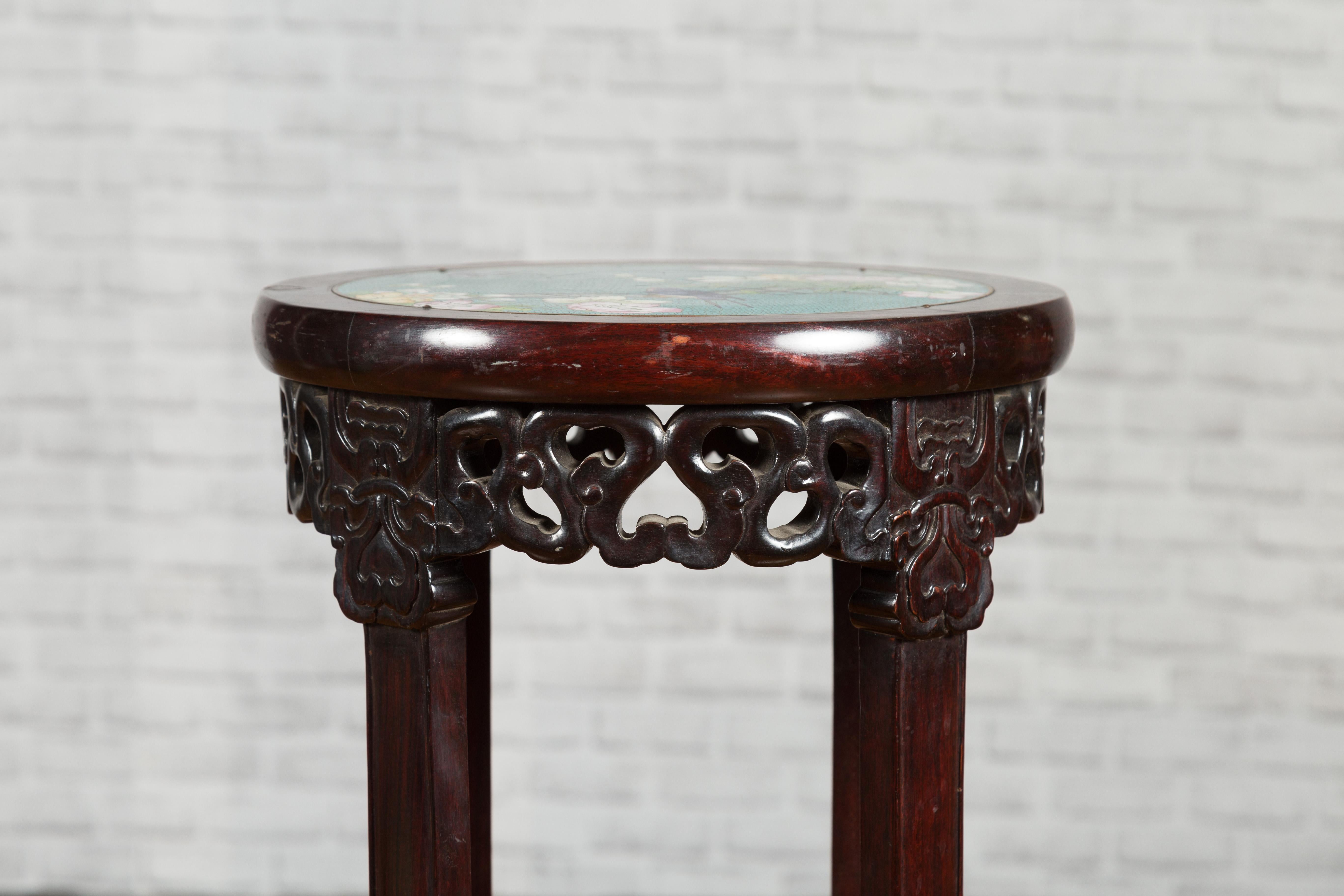 20th Century Antique Chinese Carved Round Stand with Painted Floral and Bird Décor