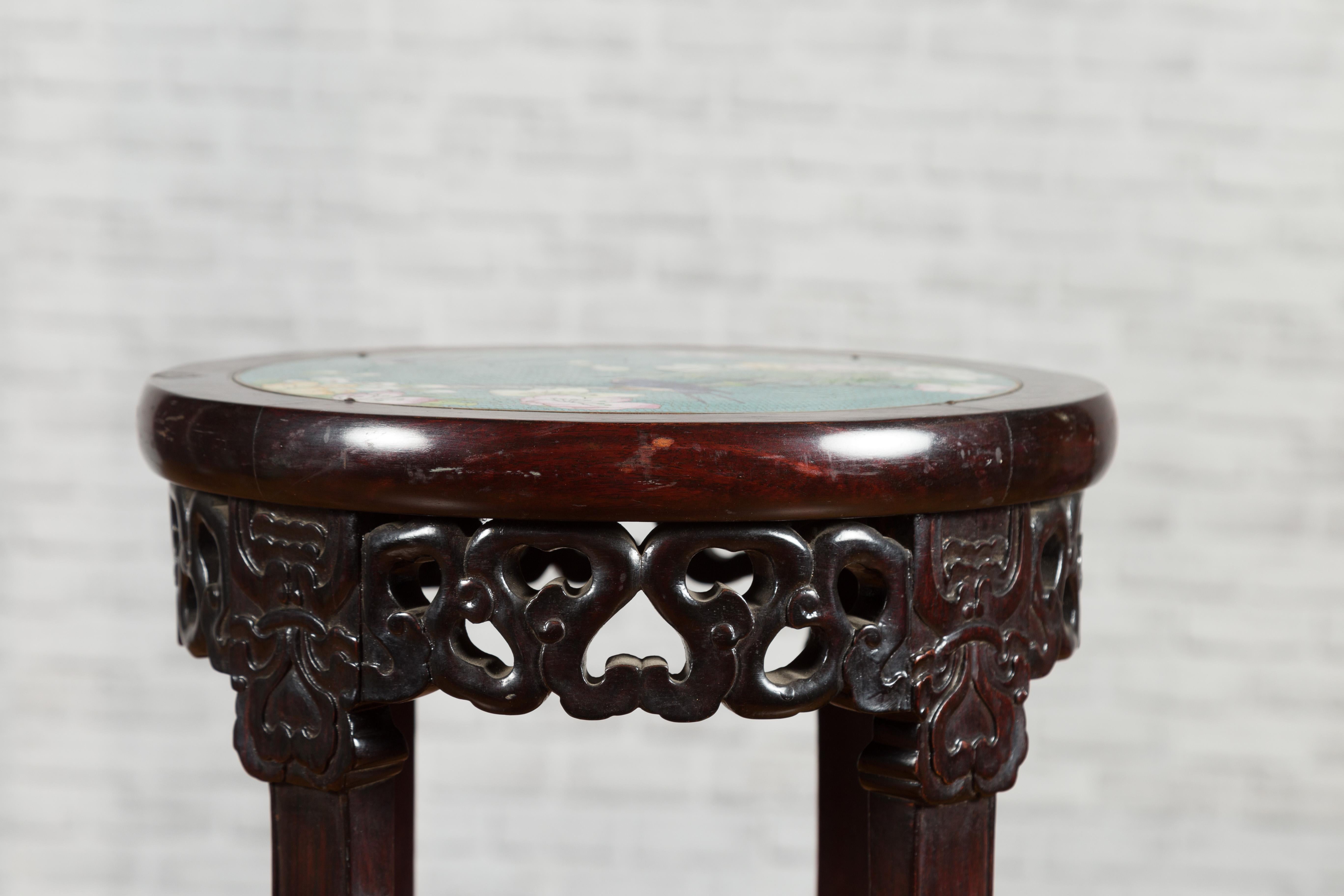 Wood Antique Chinese Carved Round Stand with Painted Floral and Bird Décor