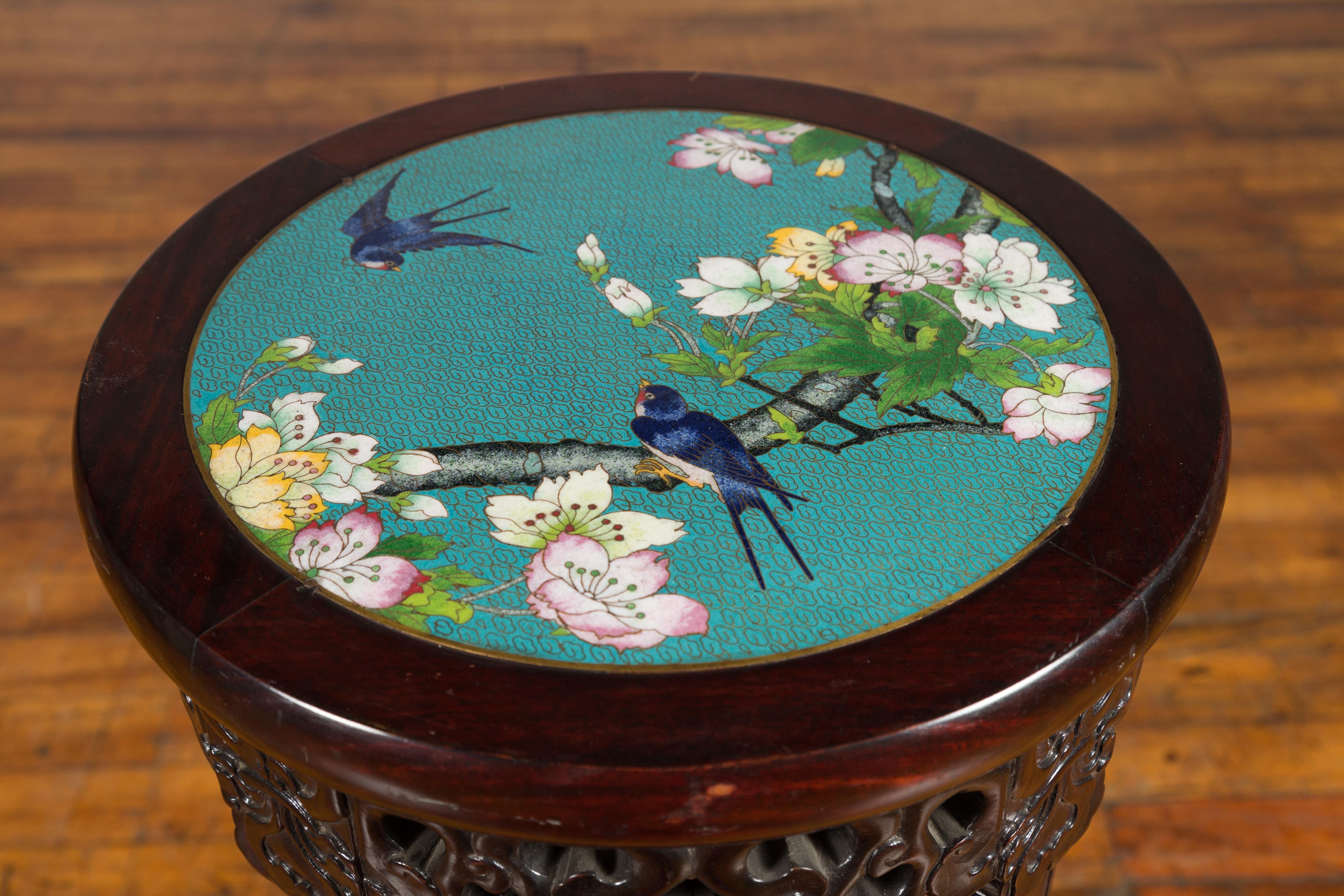 Antique Chinese Carved Round Stand with Painted Floral and Bird Décor 1