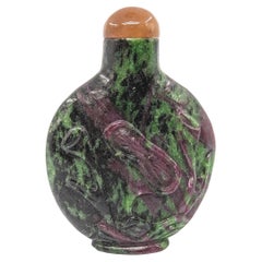 Antique Chinese Carved Ruby in Zoisite Stone Snuff Bottle Lotus Republic Period