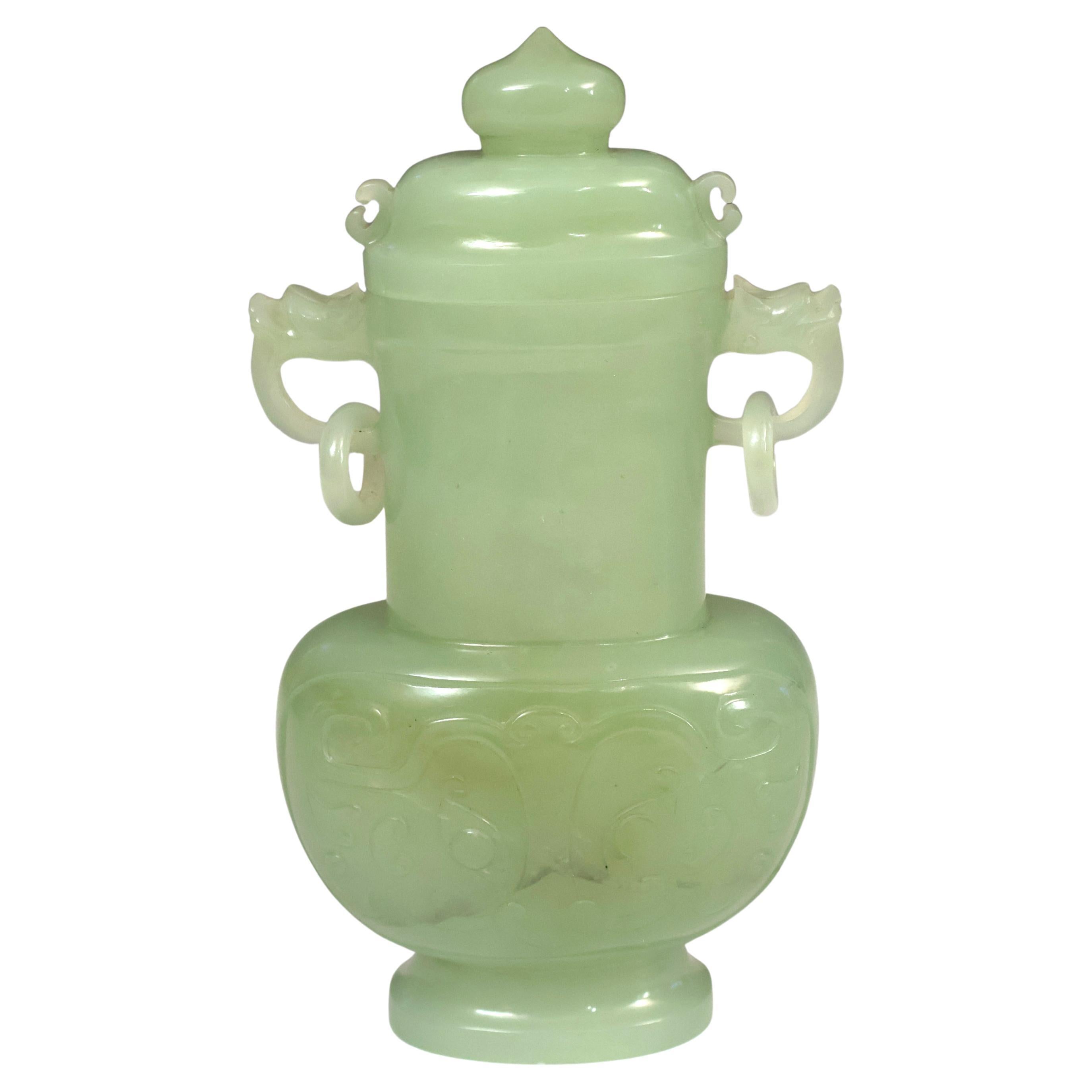 Antique Chinese Carved Serpentine Jade Old Vase
Cover Ring Handles Taotie 7"