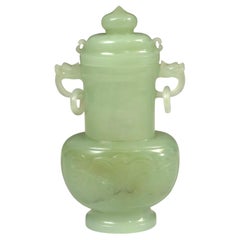 Antique Chinese Carved Serpentine Jade Old Vase 
Cover Ring Handles Taotie 7"