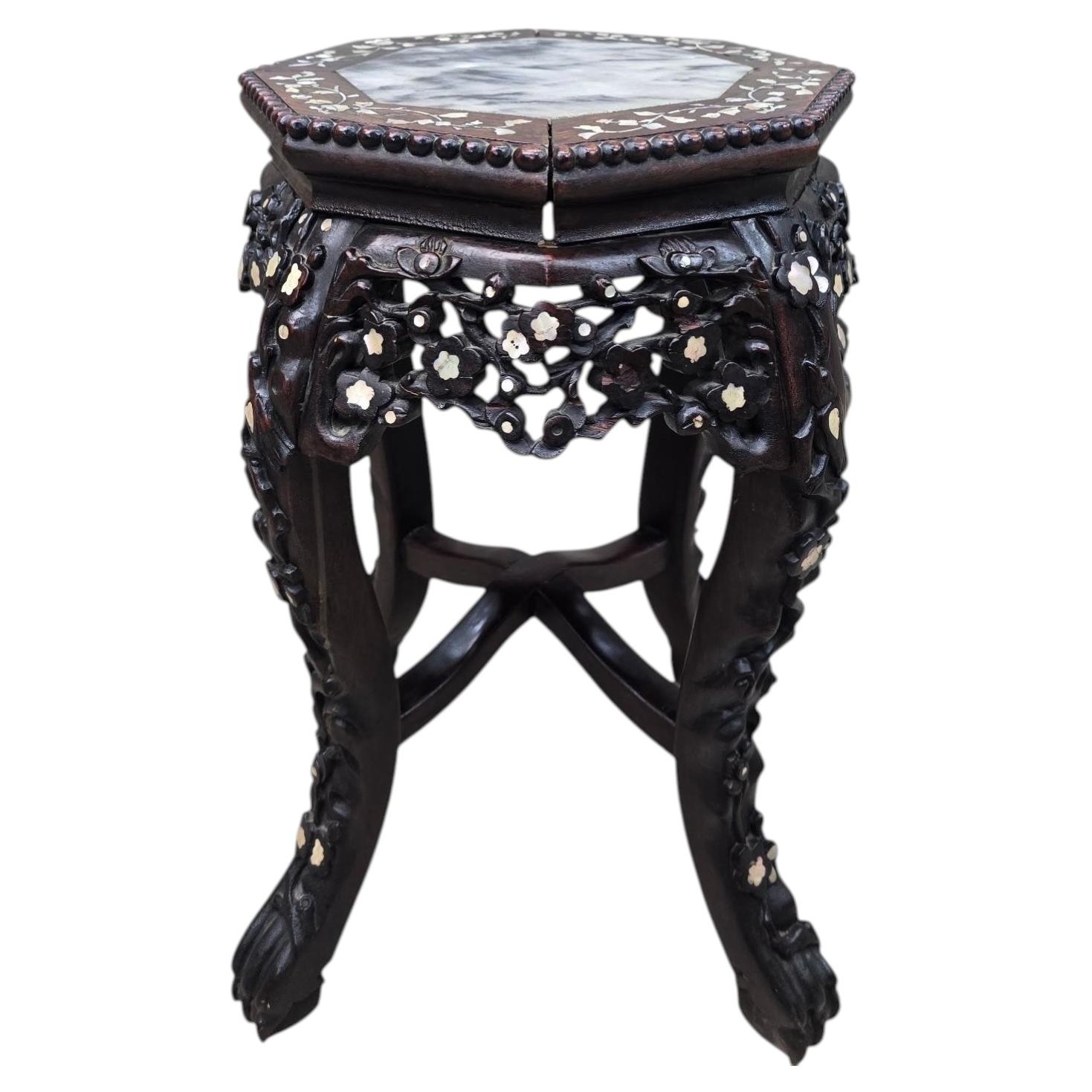 Antique Chinese Carved Side Table with Mother-of-Pearl Inlay For Sale