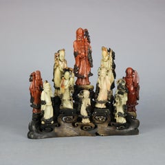 Antique Chinese Carved Soapstone Grouping of Ten Scholar Immortals, Circa 1890