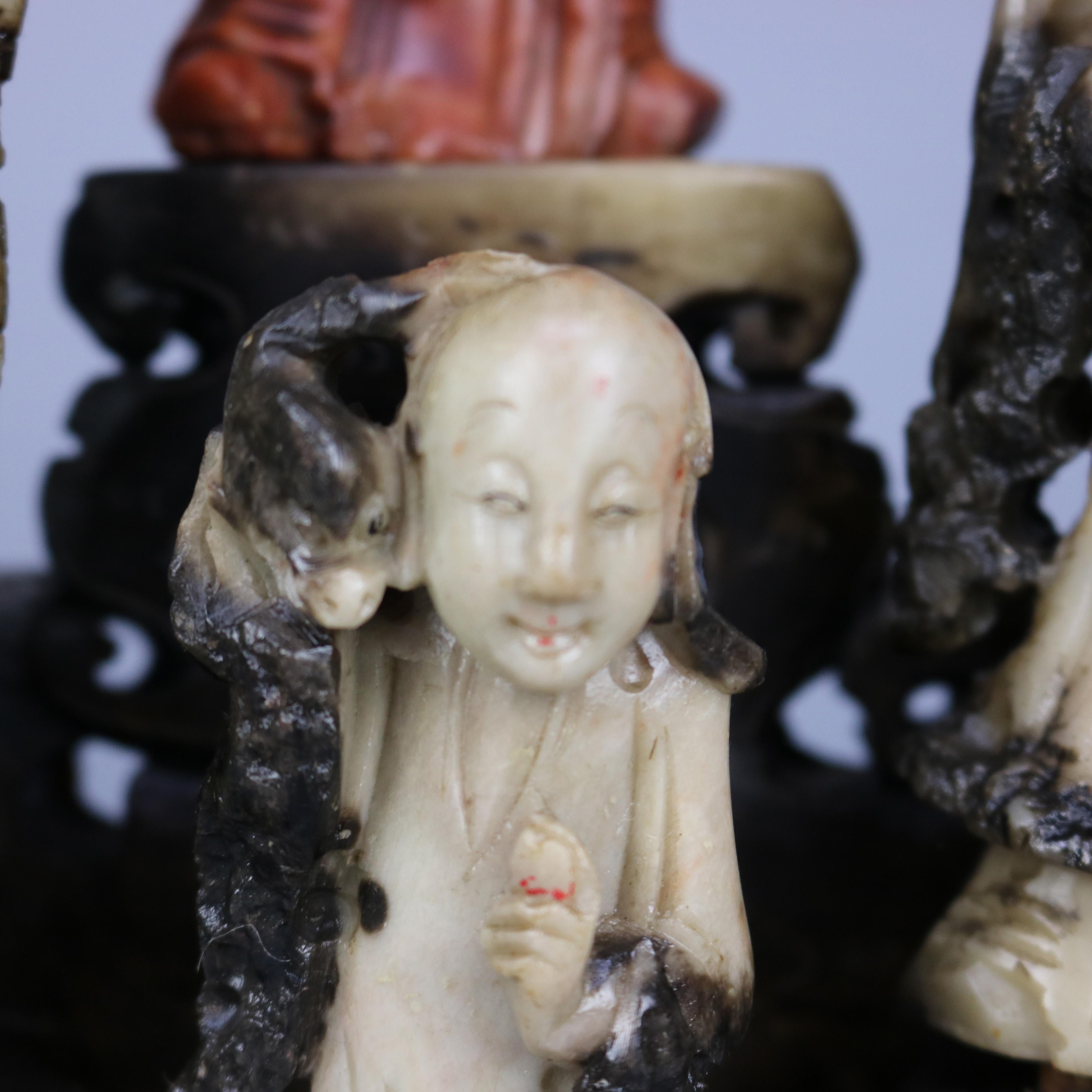 Antique Chinese Carved Soapstone Grouping of Ten Scholar Immortals, Circa 1890 In Good Condition In Big Flats, NY
