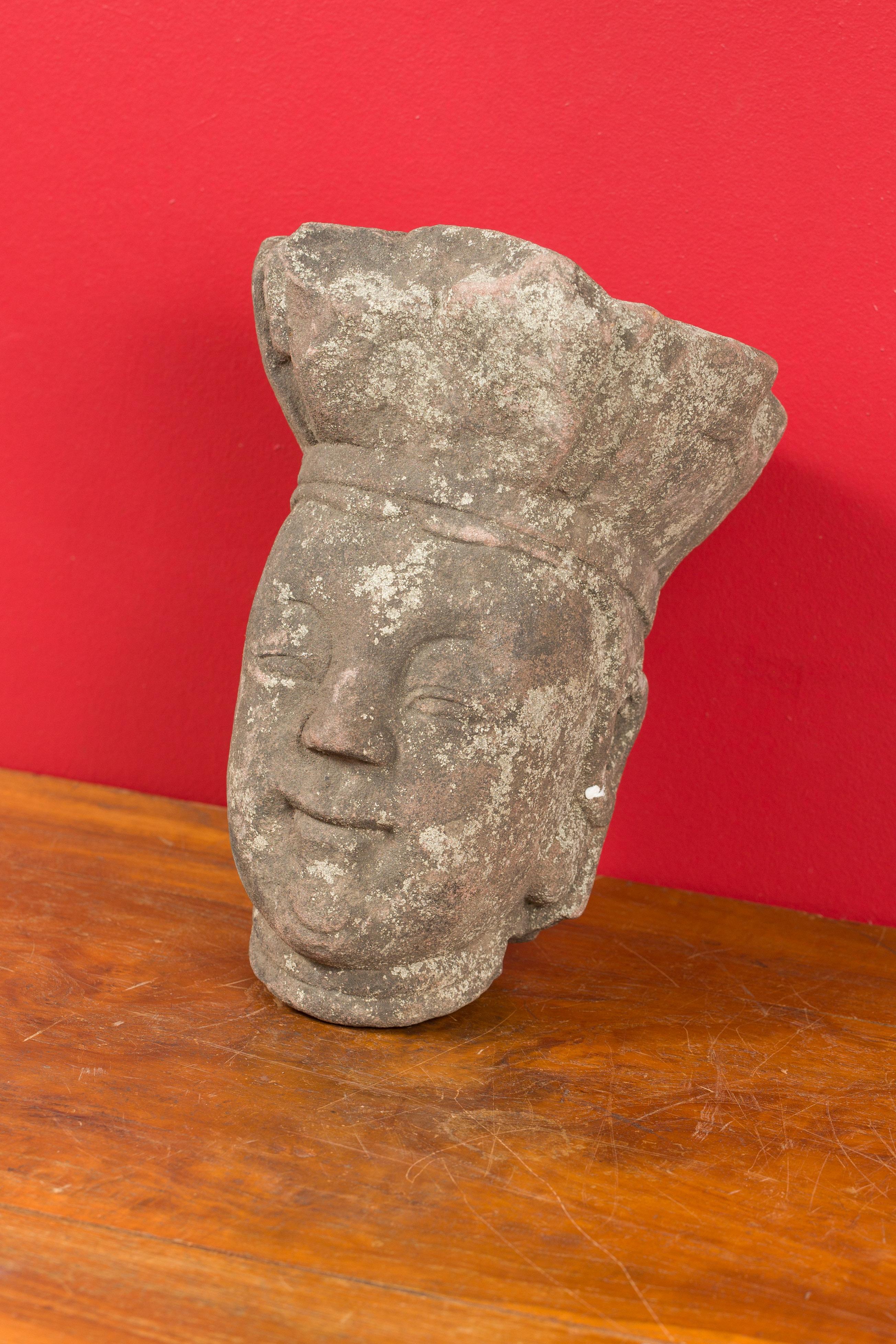 Antique Chinese Carved Stone Head Sculpture Depicting a Religious Figure 2