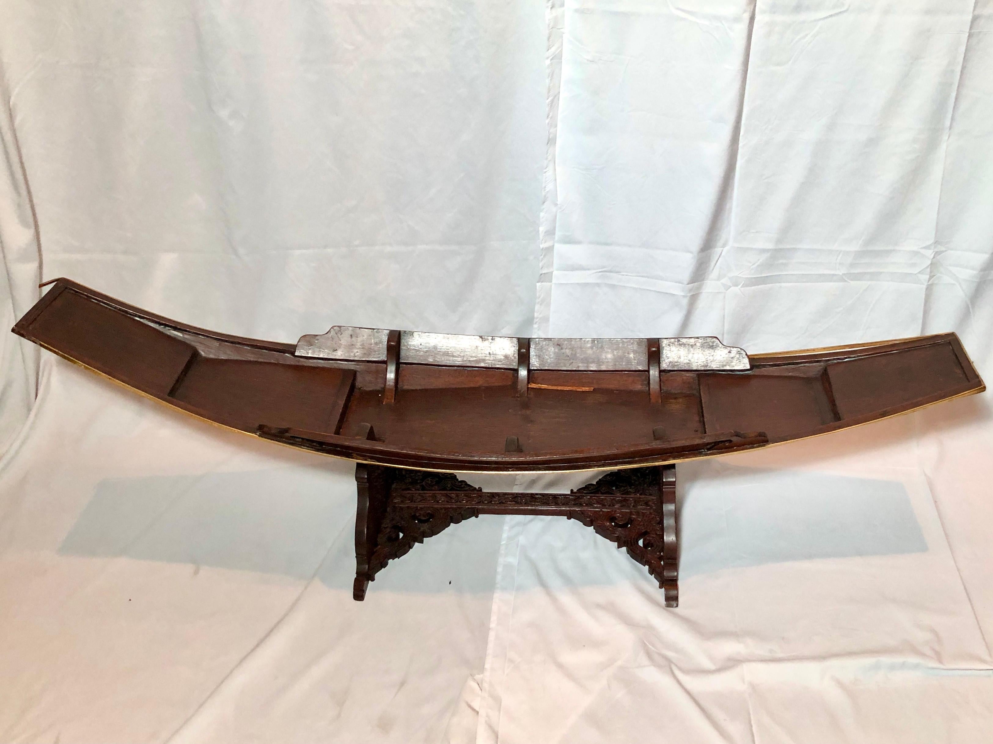 Antique Chinese carved teak sailing boat centerpiece, Circa 1900.