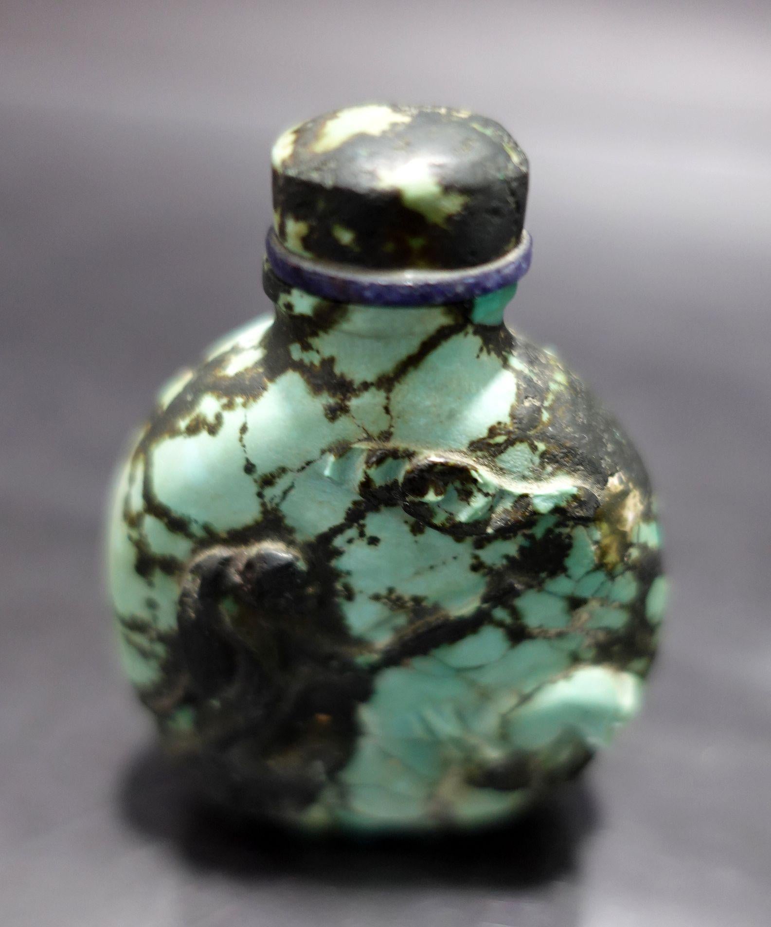 Antique Chinese Carved Tibetan turquoise Snuff Bottle, 19th Century In Excellent Condition For Sale In Norton, MA