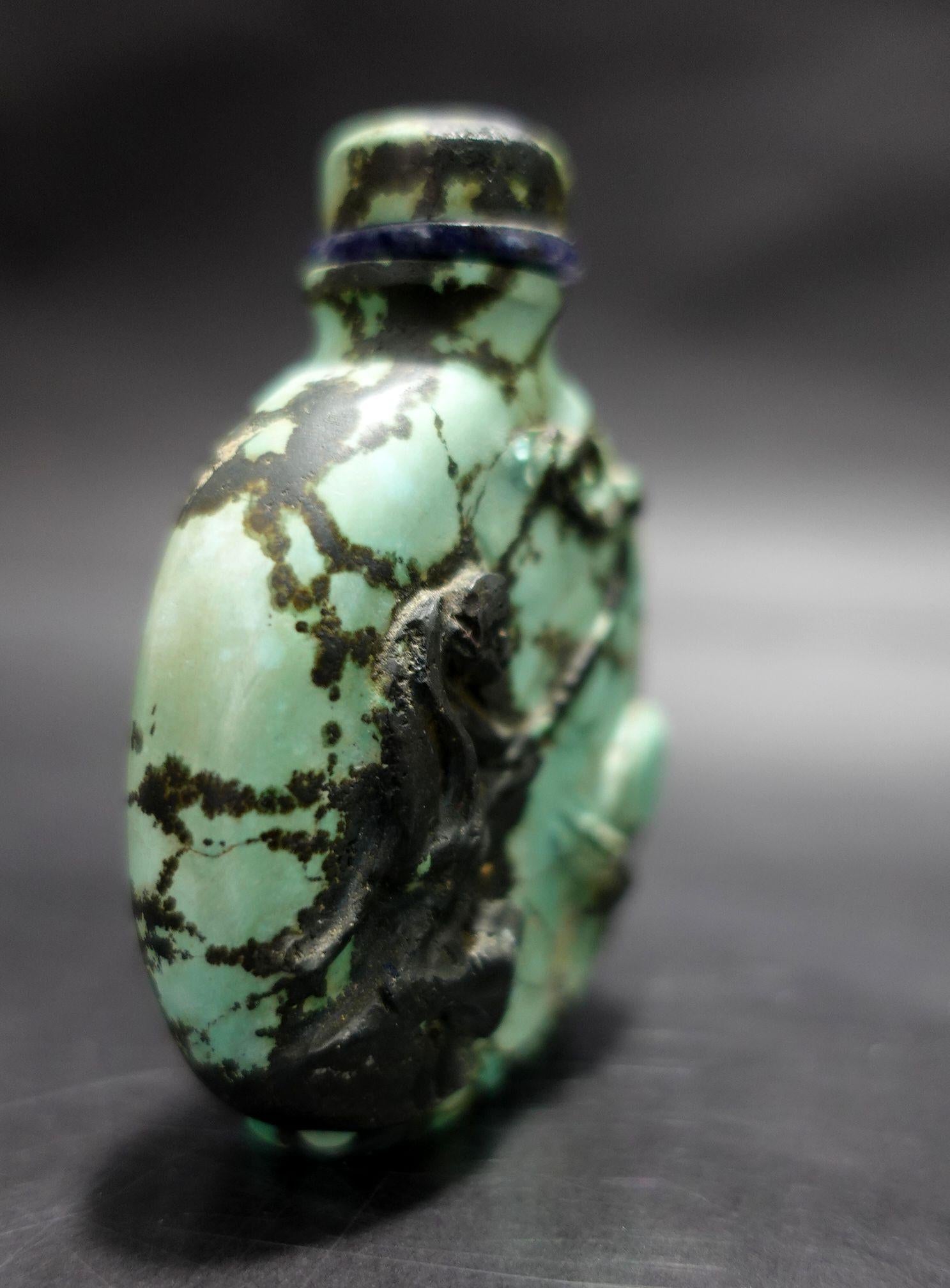 Antike chinesische geschnitzte tibetische türkisfarbene Schnupftabakflasche, 19. Jahrhundert (Achat) im Angebot