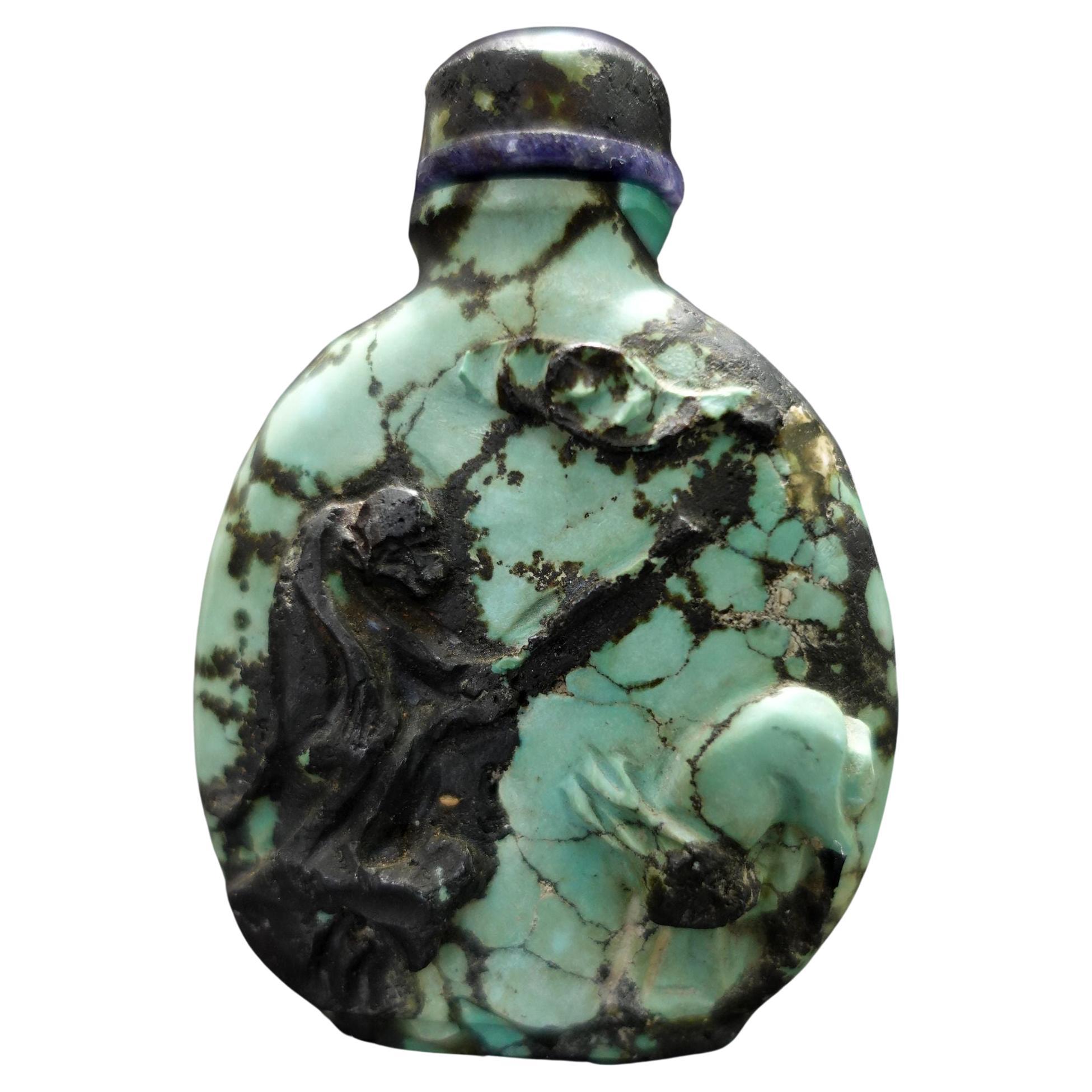 Antique Chinese Carved Tibetan turquoise Snuff Bottle, 19th Century For Sale