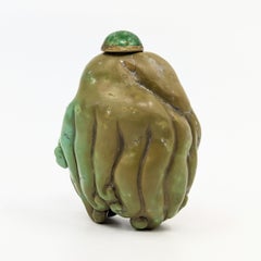 Ancienne bouteille à priser chinoise en turquoise sculptée avec doigt de bouddha en citronnier 19c