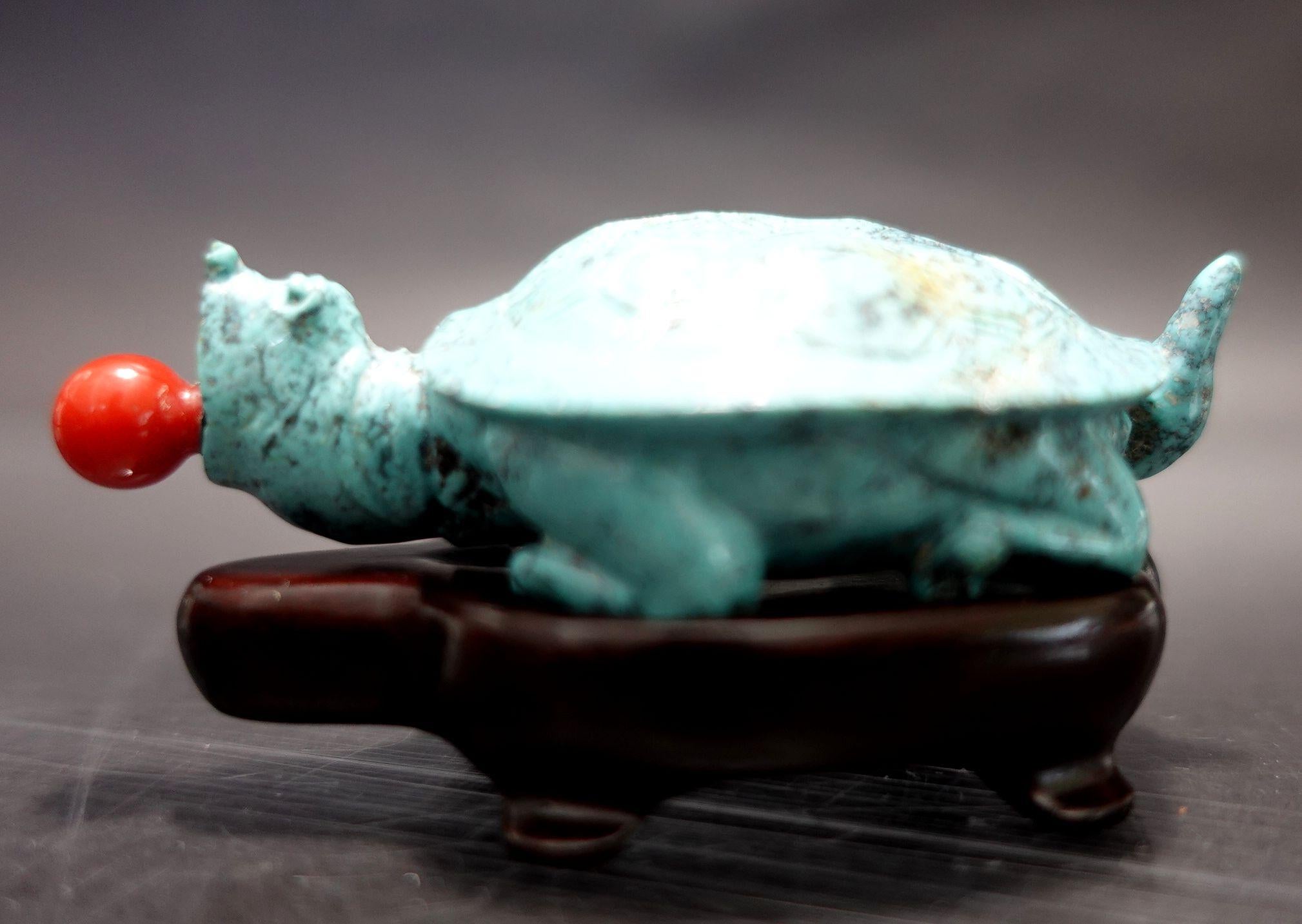 A finely carved turquoise turtle Snuff Bottle in all the detail shown with a coral cap resting on a fitted wooden stand.
A very unique selection of the highest quality turquoise and heavy feeling holding on the hand.