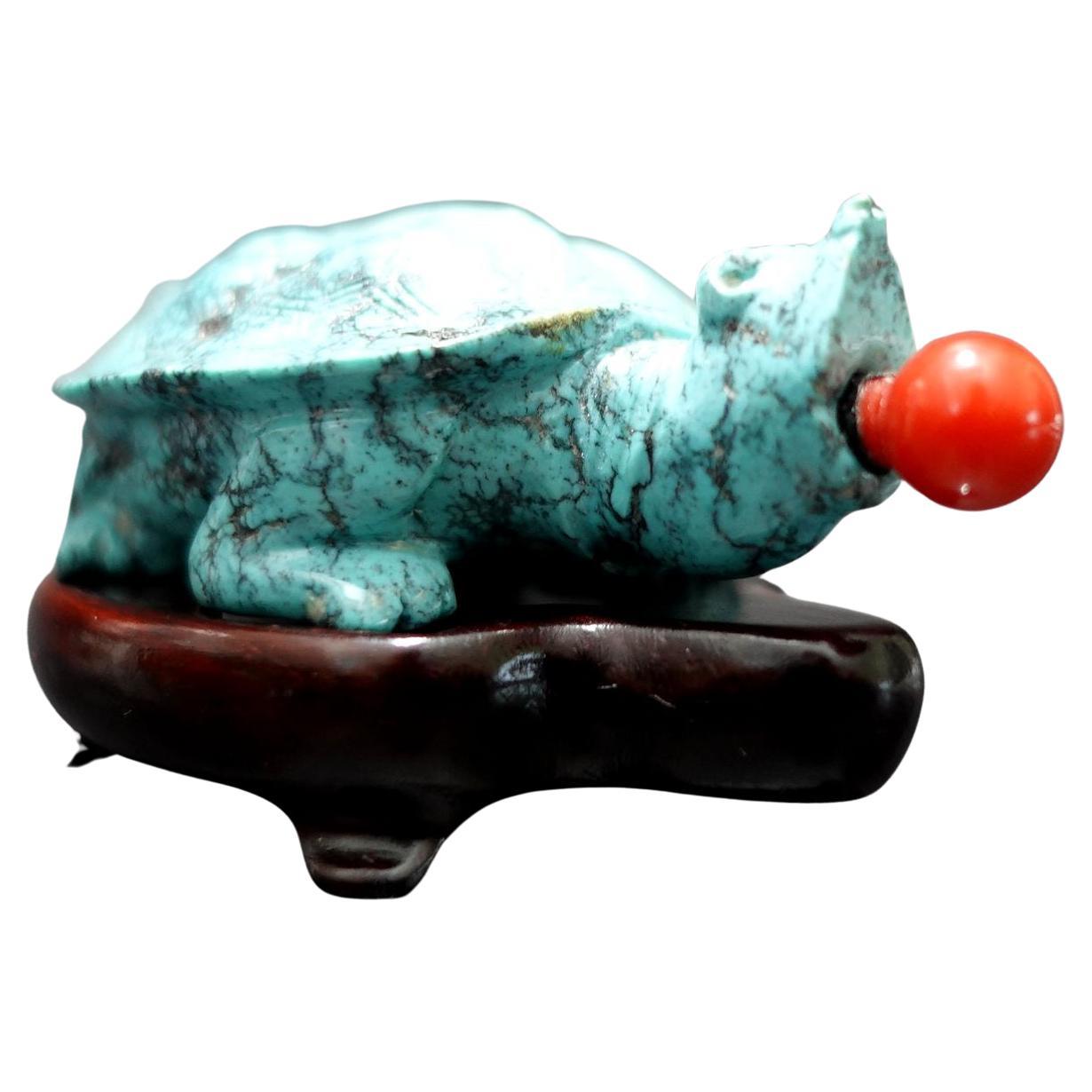 Antique Chinese Carved Turquoise Turtle Snuff Bottle, 19th Century For Sale