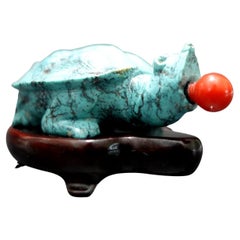 Antike chinesische geschnitzte Schildkröten-Schnupftabakflasche aus Türkis, 19.