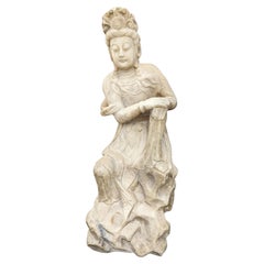 Huge 23" Antique Chinese Carved White Marble Sitting Guanyin on Rock Qing 18c