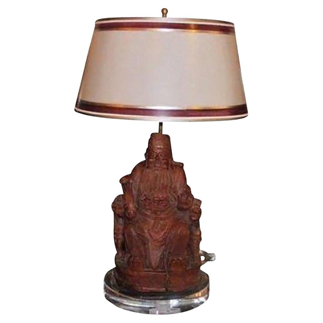 Antique Chinese Carved Wood Buddha Sculpture Lamp