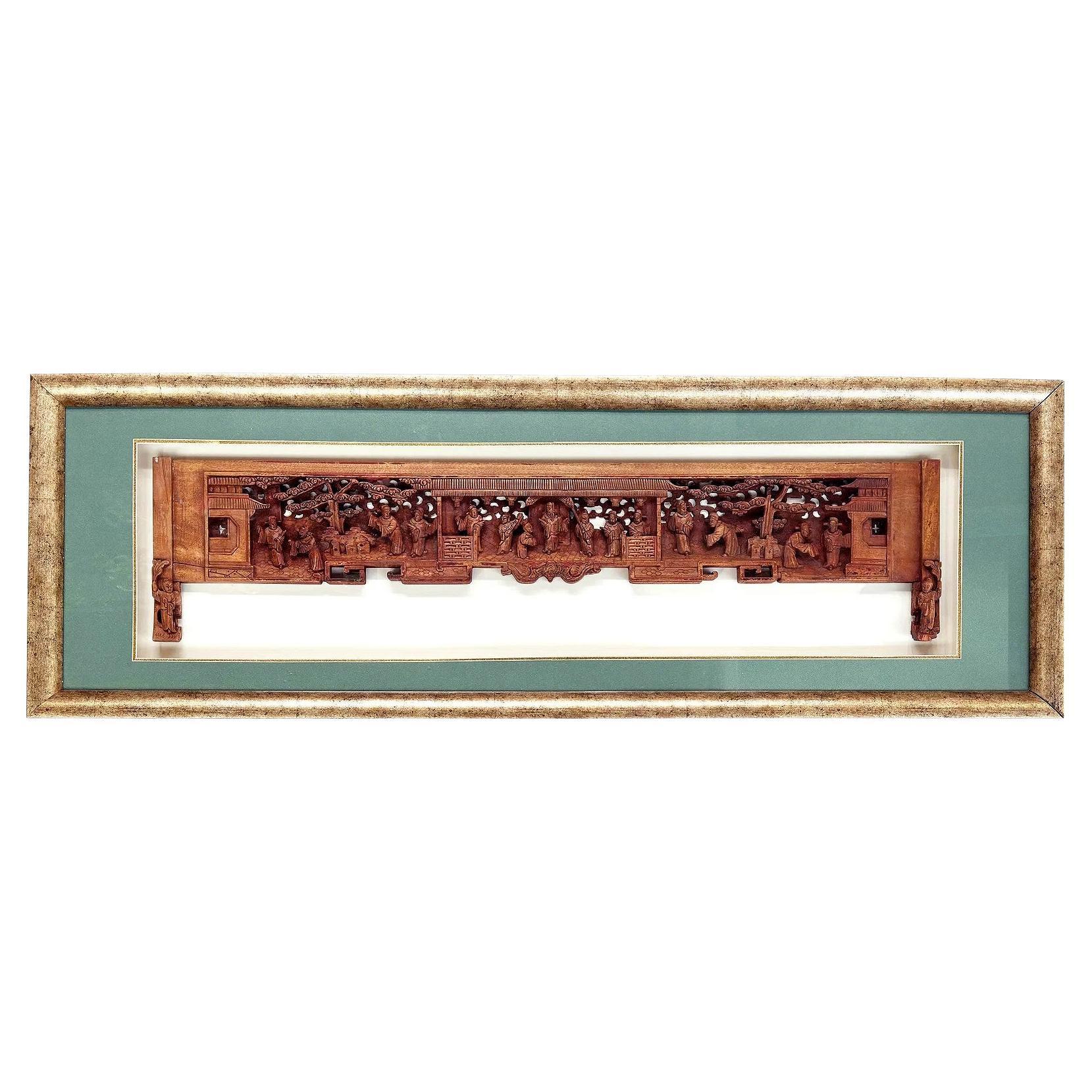 Antique Chinese Carved Wood Door Lintel Framed in Shadow Box