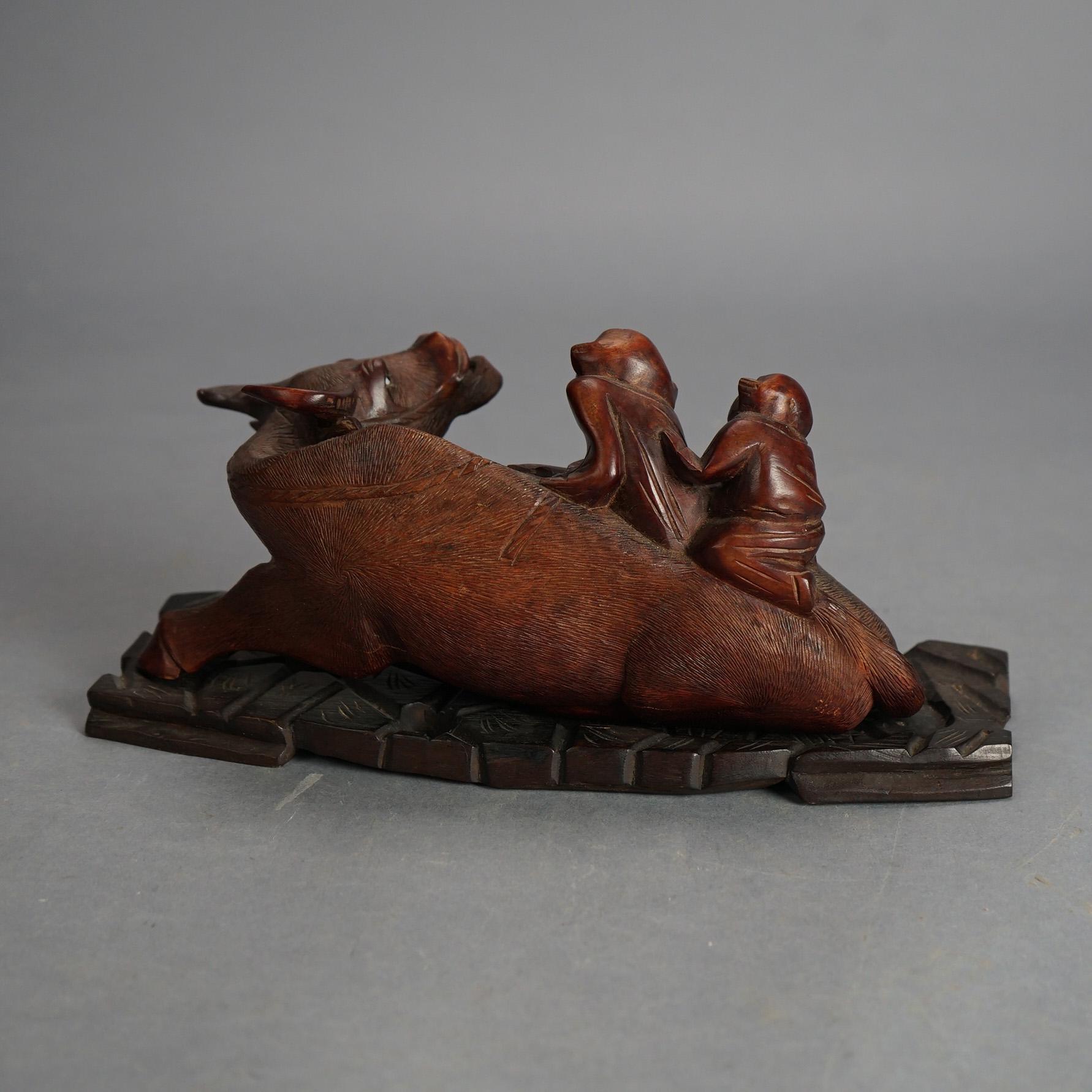 Antique Chinese Carved Wood Sculpture of Water Buffalo with Figures C1920 For Sale 6