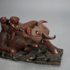 Antique Chinese Carved Wood Sculpture of Water Buffalo with Figures C1920