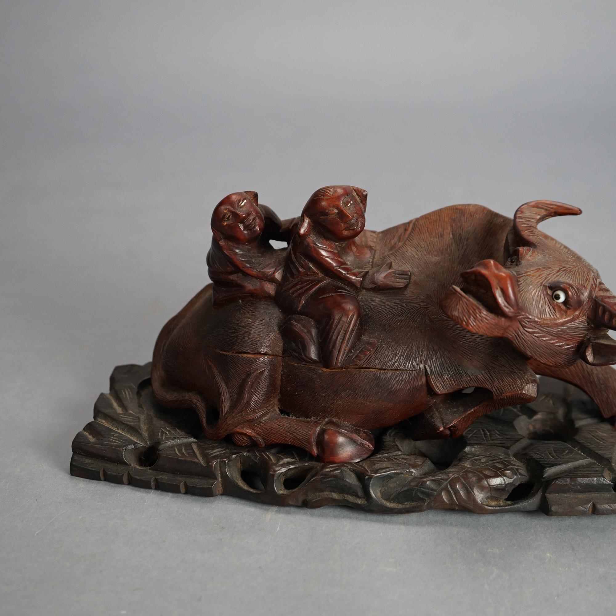 Antique Chinese Carved Wood Sculpture of Water Buffalo with Figures C1920 In Good Condition For Sale In Big Flats, NY