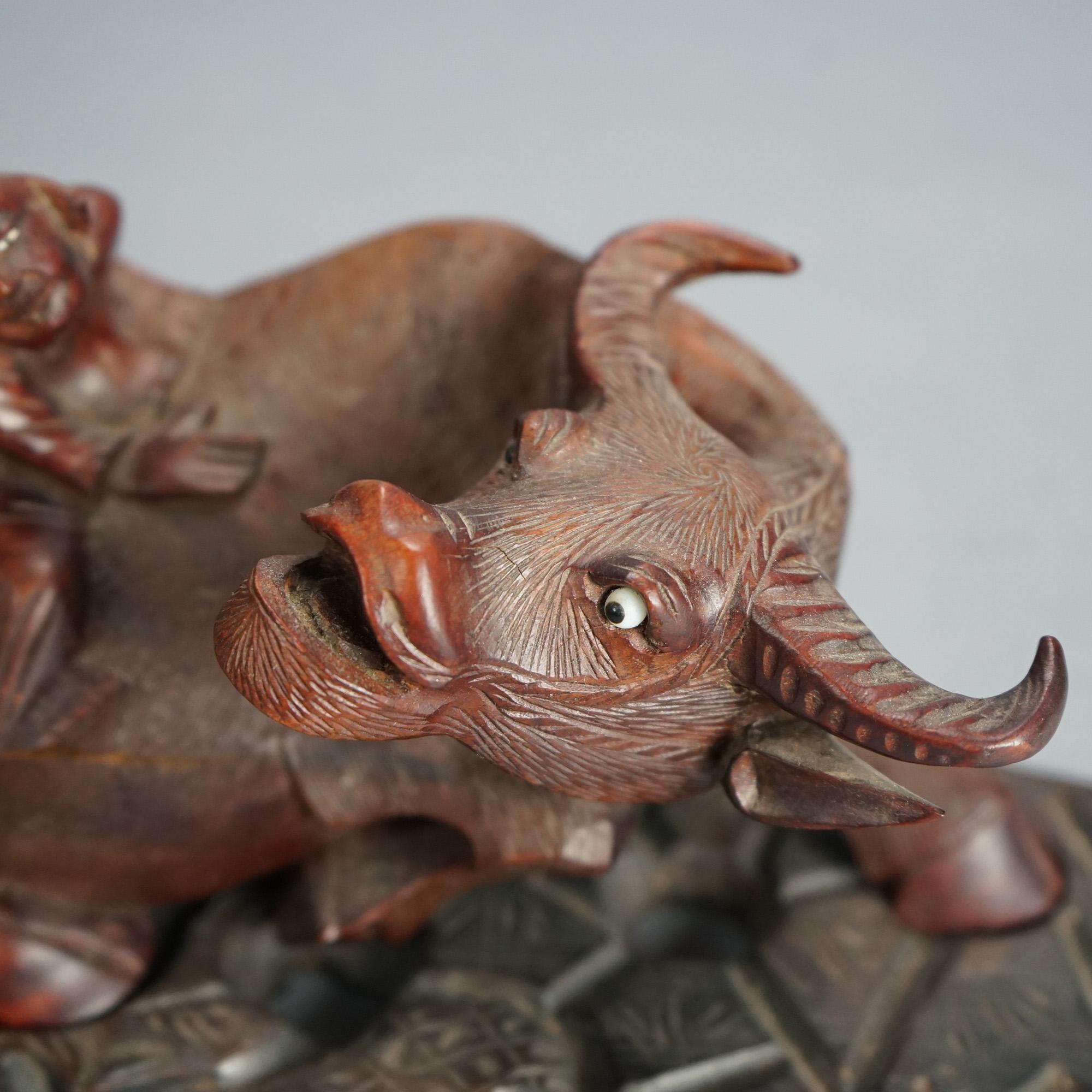 20th Century Antique Chinese Carved Wood Sculpture of Water Buffalo with Figures C1920 For Sale