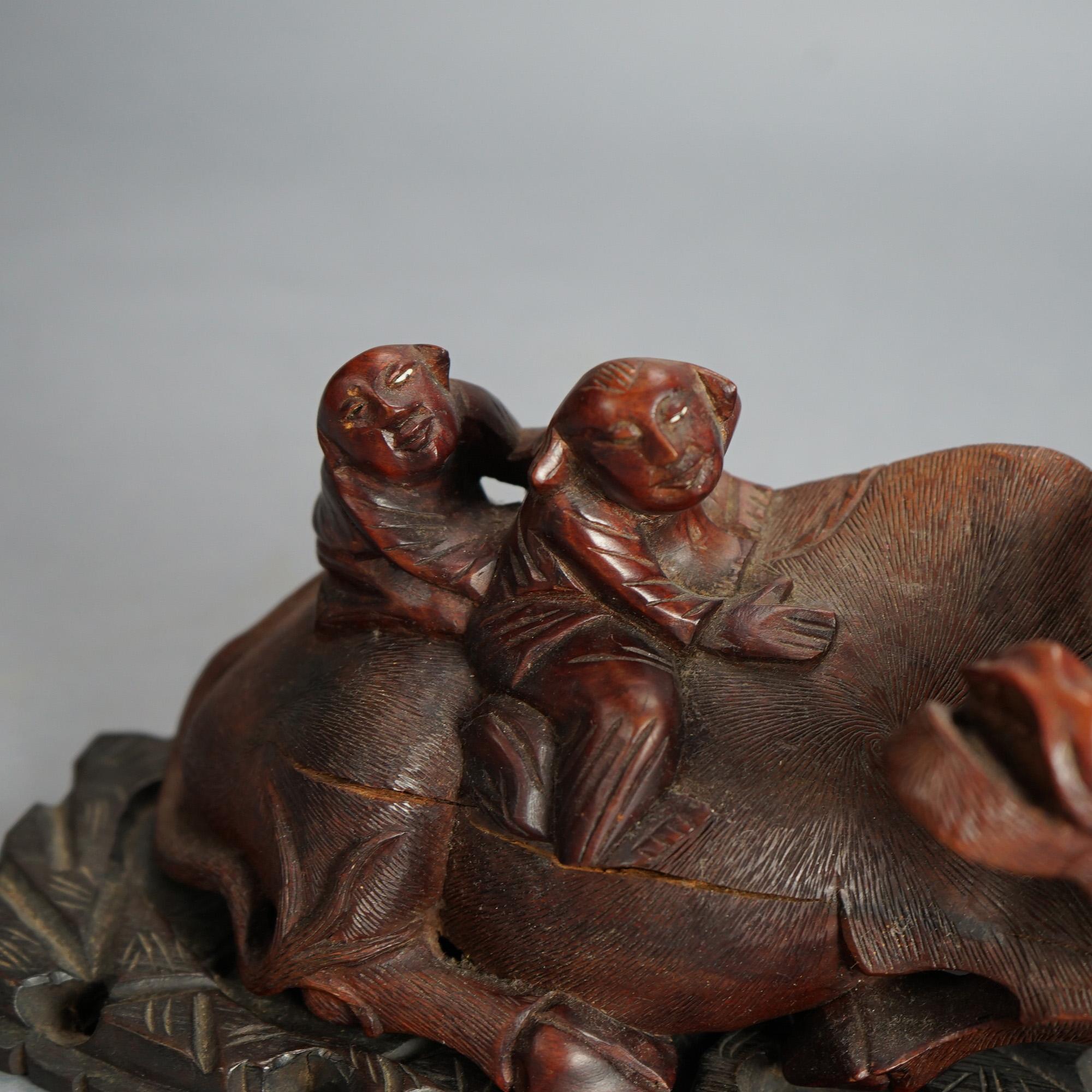 Antique Chinese Carved Wood Sculpture of Water Buffalo with Figures C1920 For Sale 1