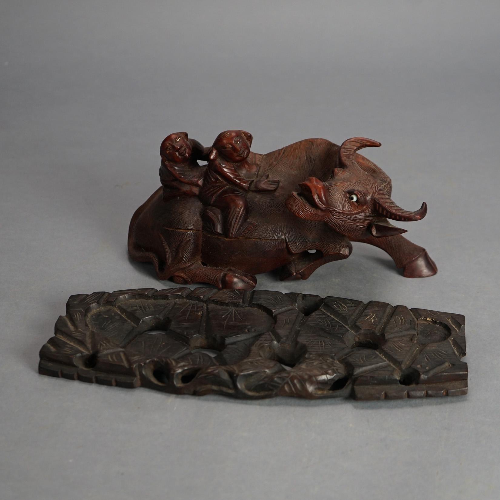 Antique Chinese Carved Wood Sculpture of Water Buffalo with Figures C1920 For Sale 2