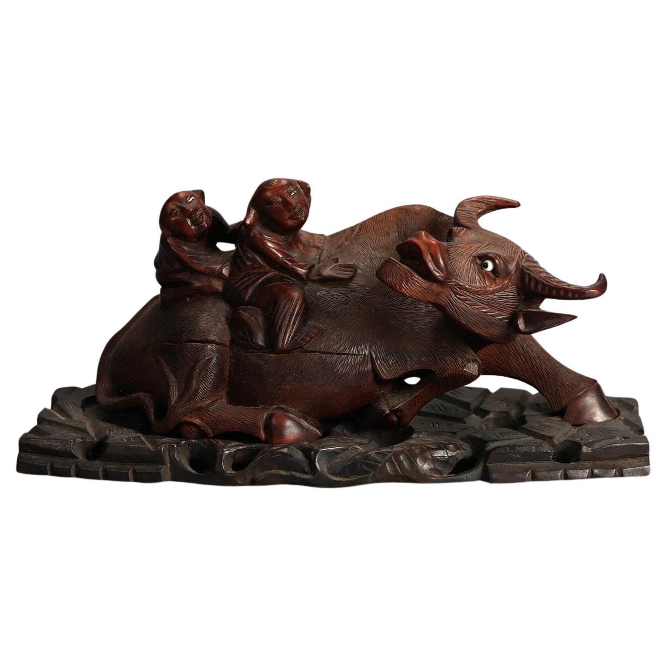 Antique Chinese Carved Wood Sculpture of Water Buffalo with Figures C1920 For Sale