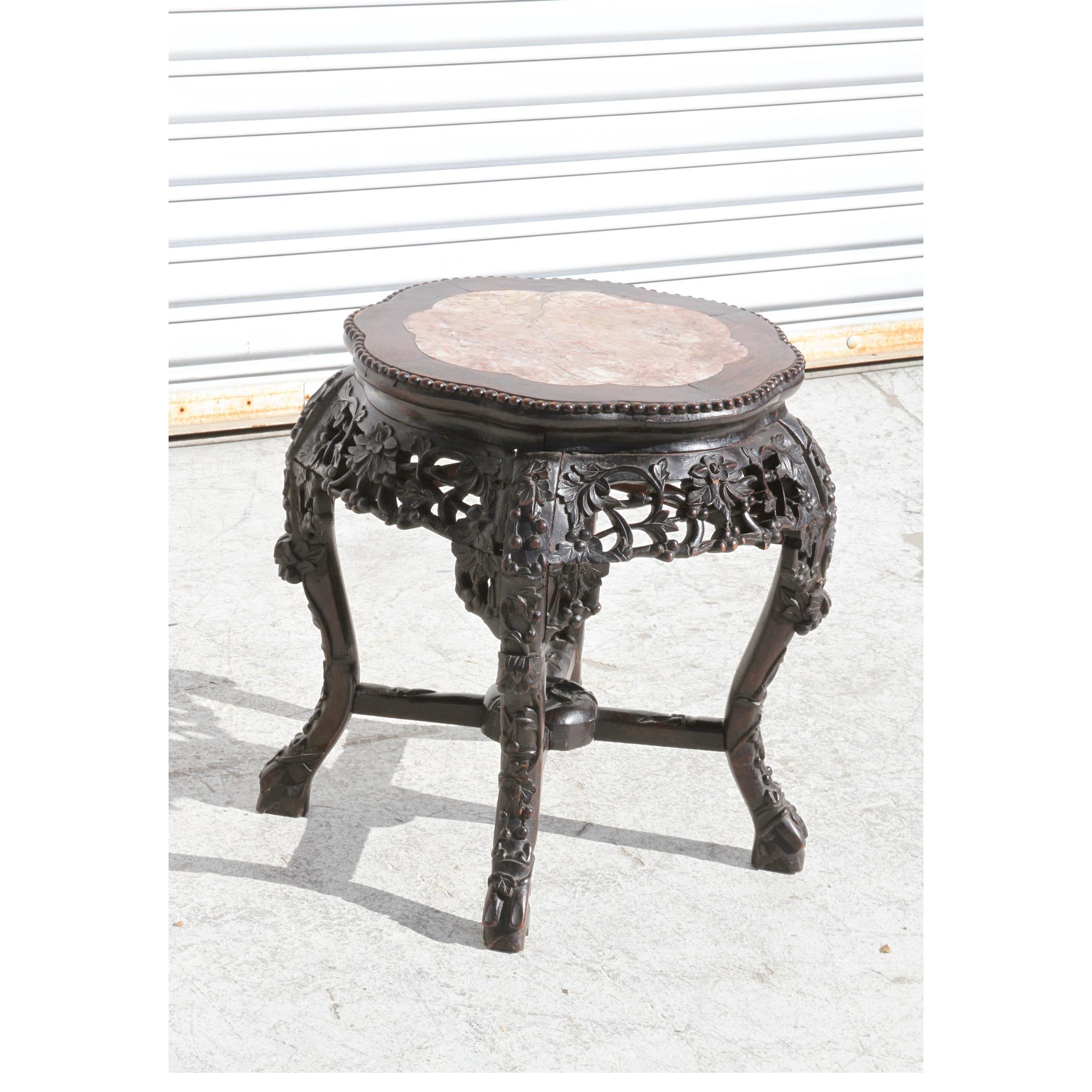 Antique Chinese rosewood shaped stool or pedestal stand . Beaded Edge with marble insert top, The rose wood is mature and smooth to the touch.