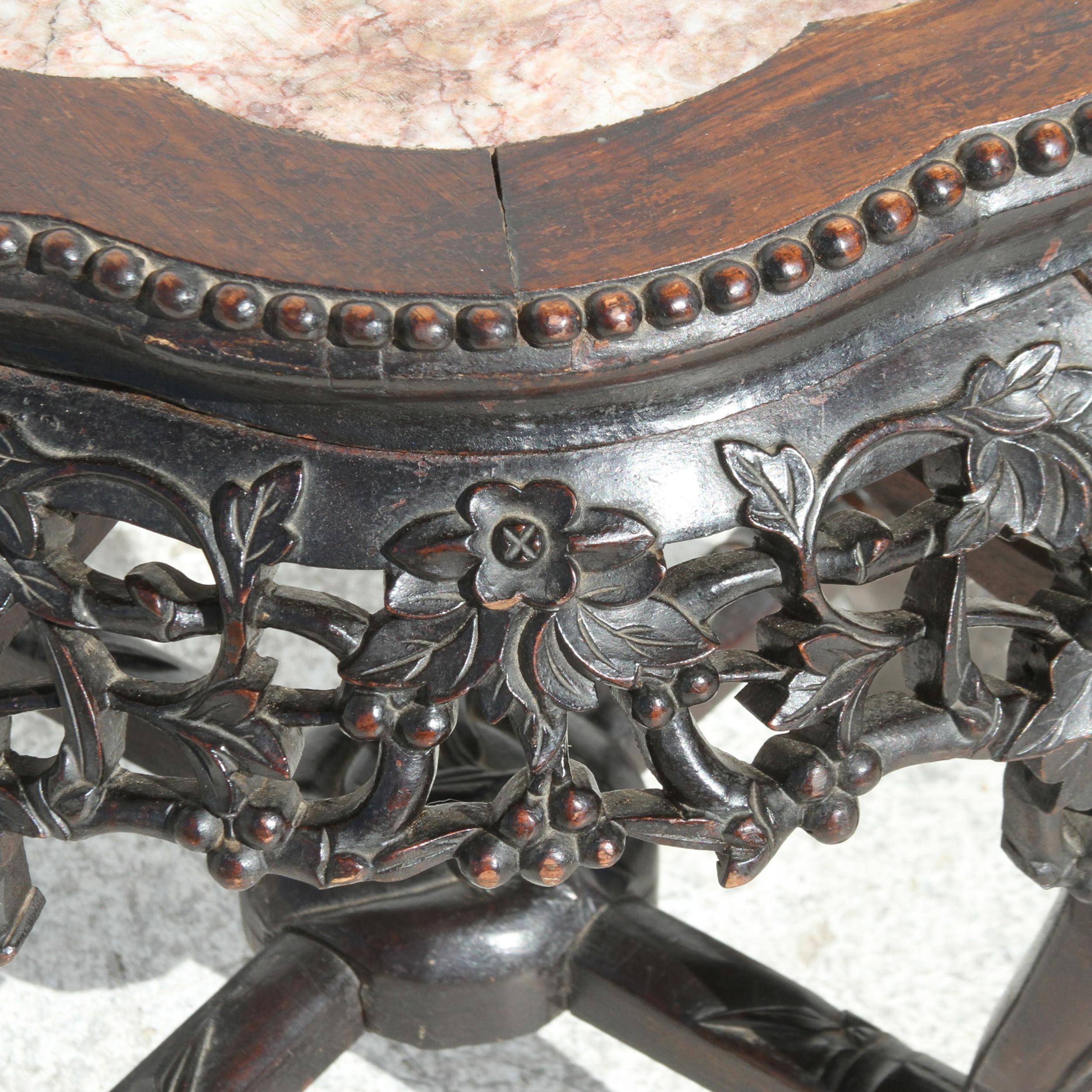 Contemporary Antique Chinese Carved Wood Stand With Marble Insert  For Sale