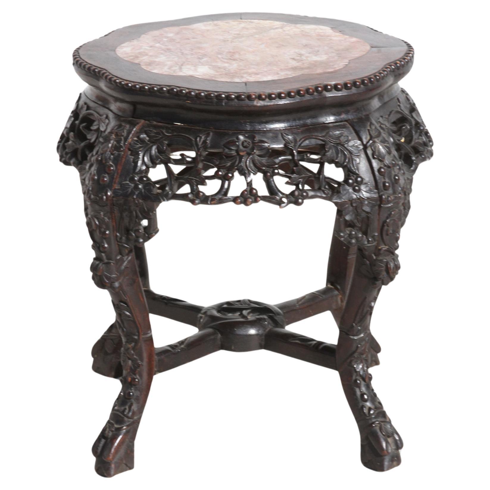 Antique Chinese Carved Wood Stand With Marble Insert  For Sale