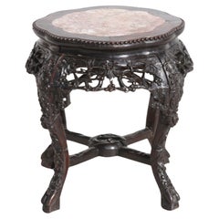 Antique Chinese Carved Wood Stand With Marble Insert