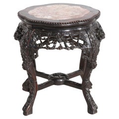 Used Chinese Carved Wood Stand With Marble Insert 