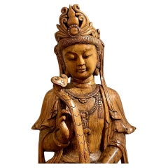 Antique Chinese Carved Wood Standing Sculpture of Quan Yin Figure, Circa 1890's.
