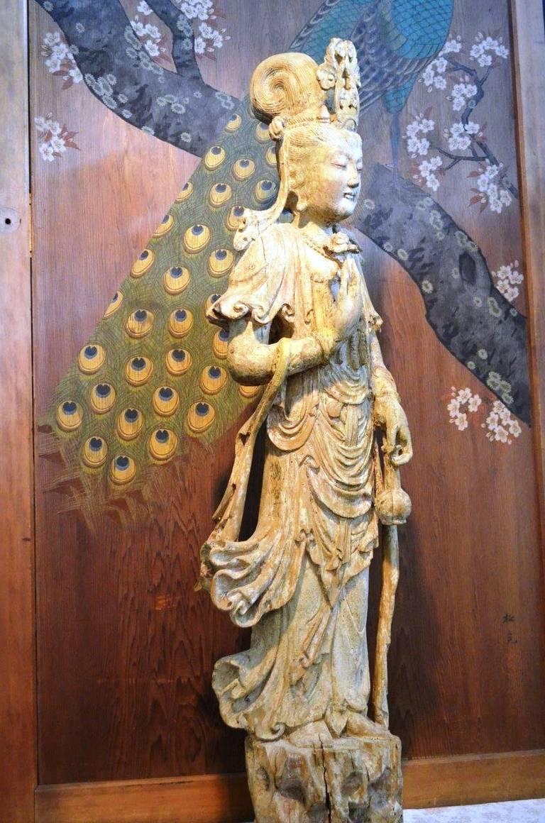 18th Century and Earlier Antique Chinese Carved Wood Statue of Guanyin For Sale