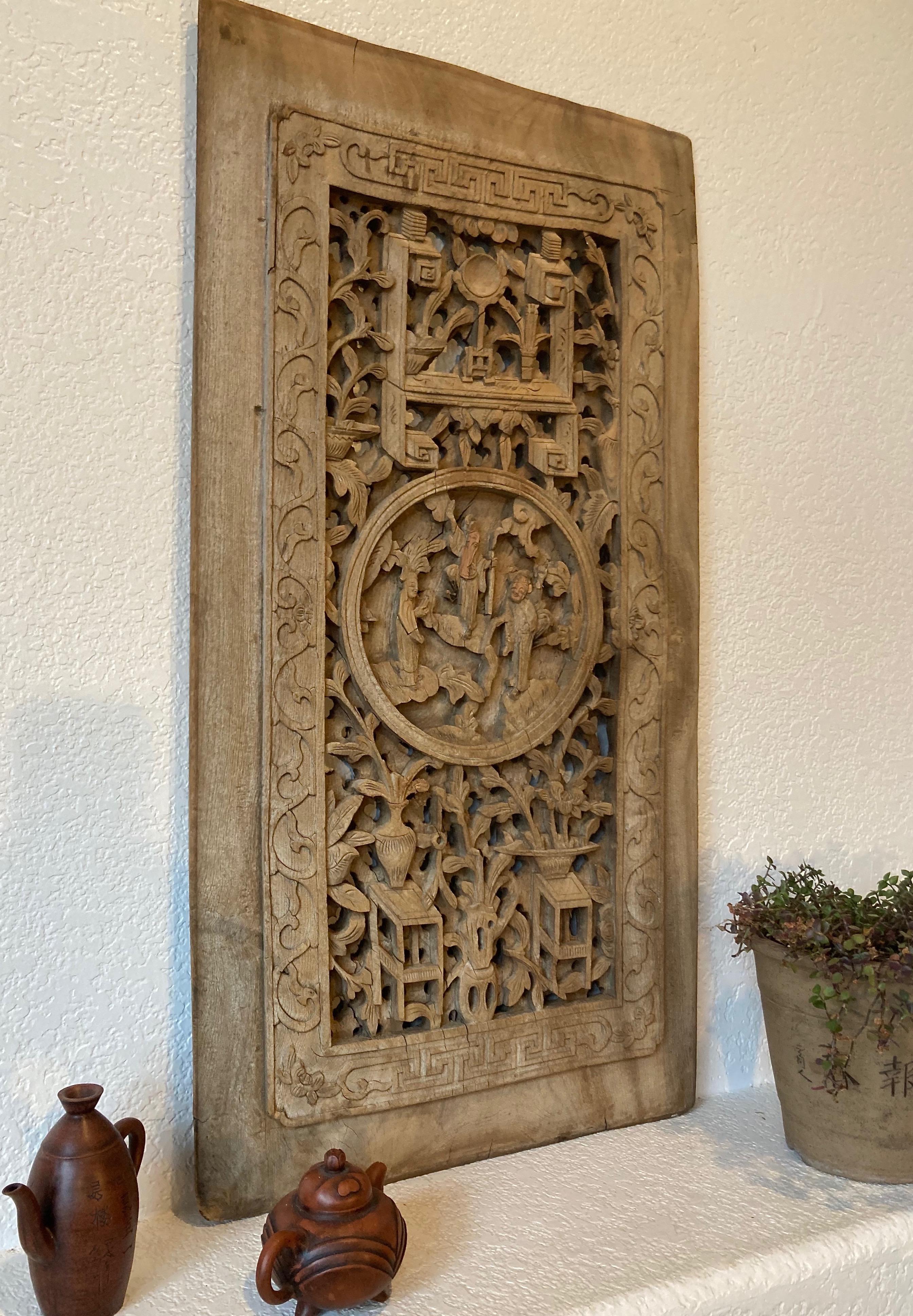 Qing Antique Chinese Carved Wood Window Panel For Sale