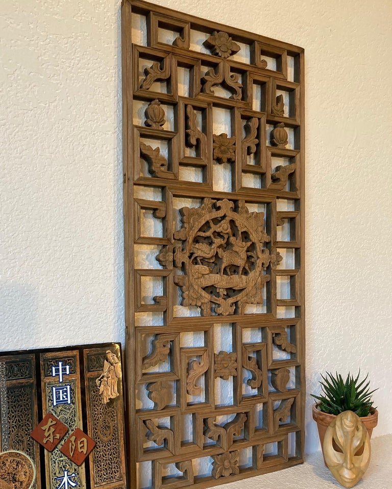 Antique Chinese Carved Wood Window Panel For Sale at 1stDibs