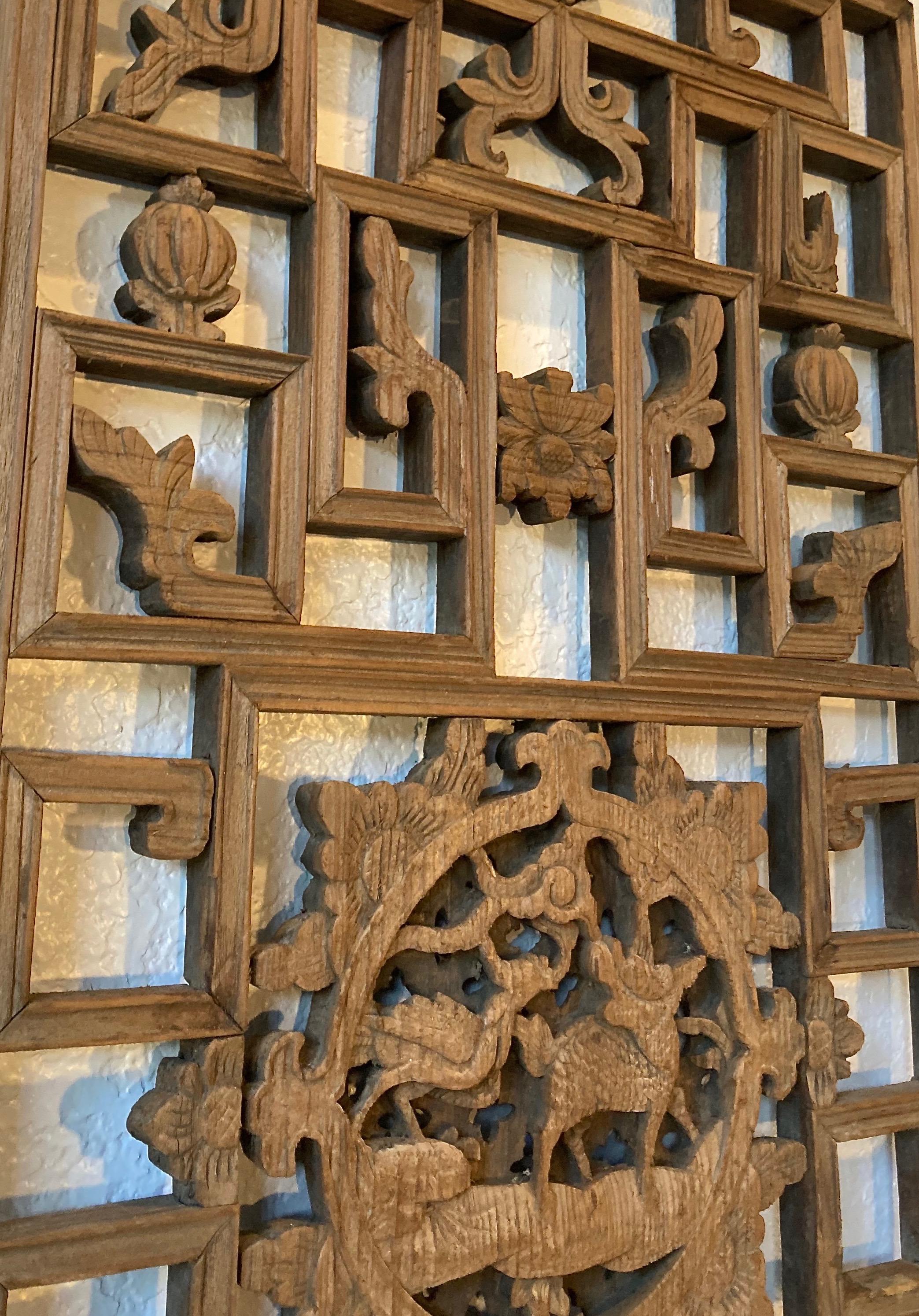 19th Century Antique Chinese Carved Wood Window Panel For Sale