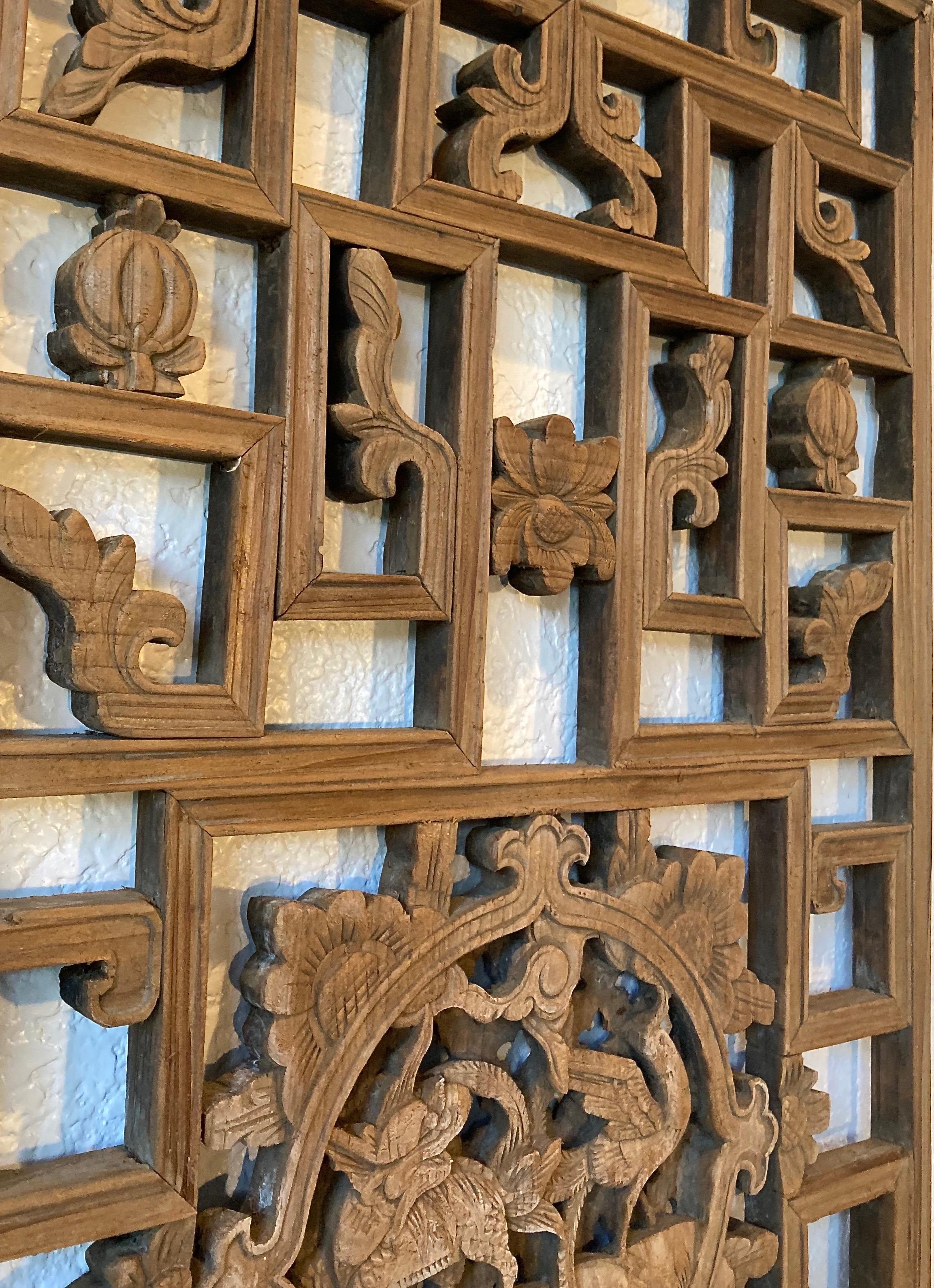 19th Century Antique Chinese Carved Wood Window Panel For Sale