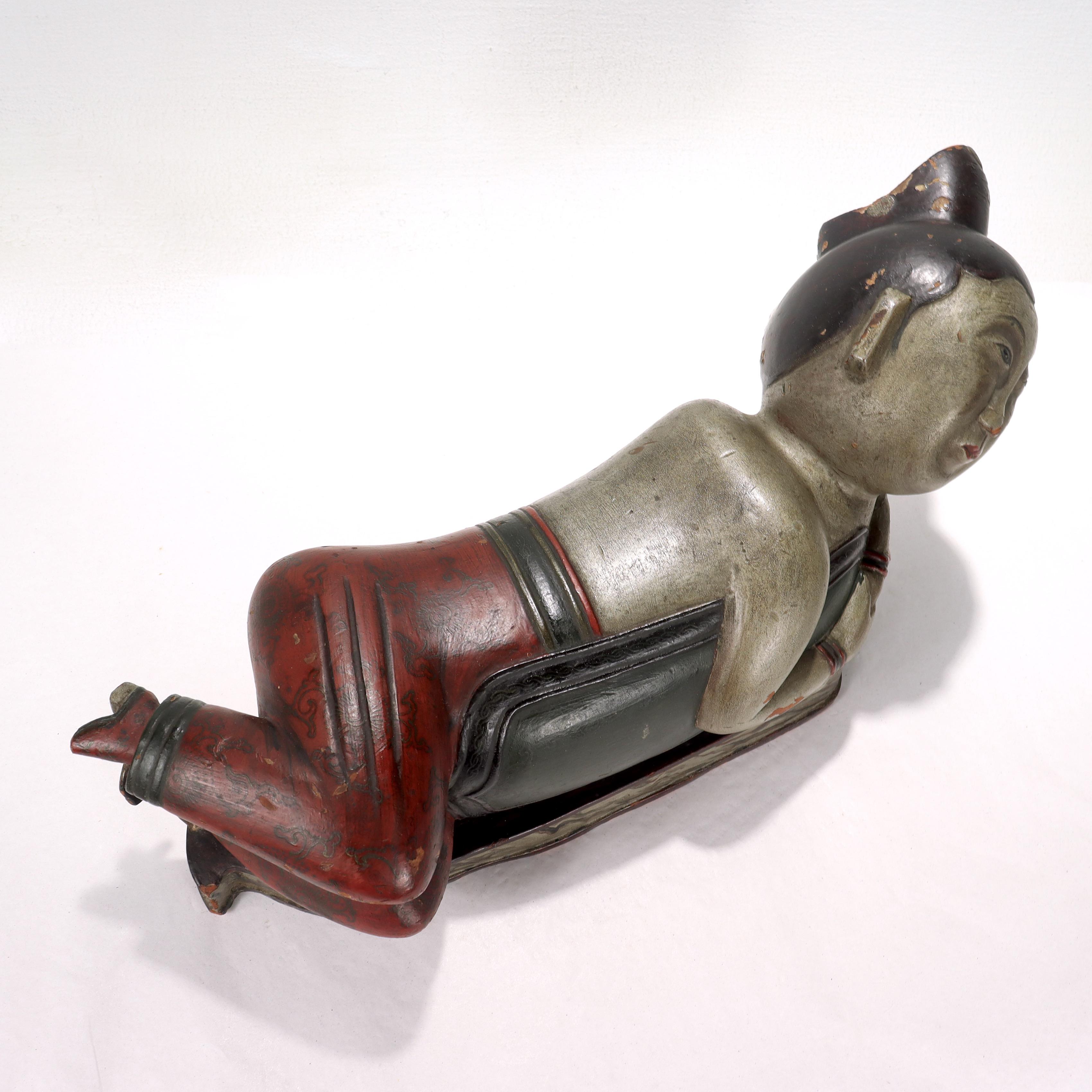 Antique Chinese Carved Wooden Figural Pillow or Headrest, Qianlong? For Sale 2