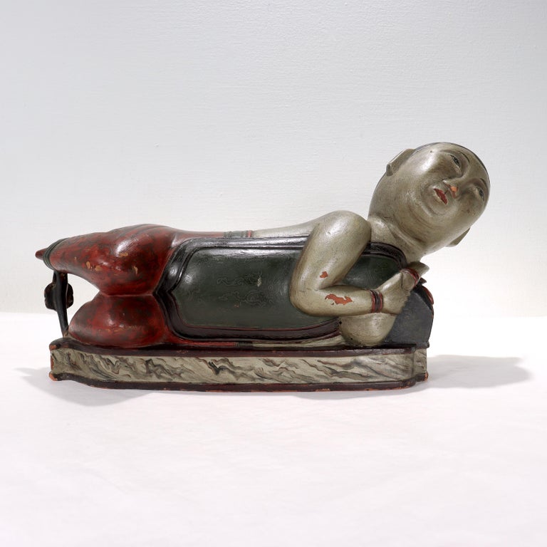 Antique Chinese Carved Wooden Figural Pillow or Headrest, Qianlong? For