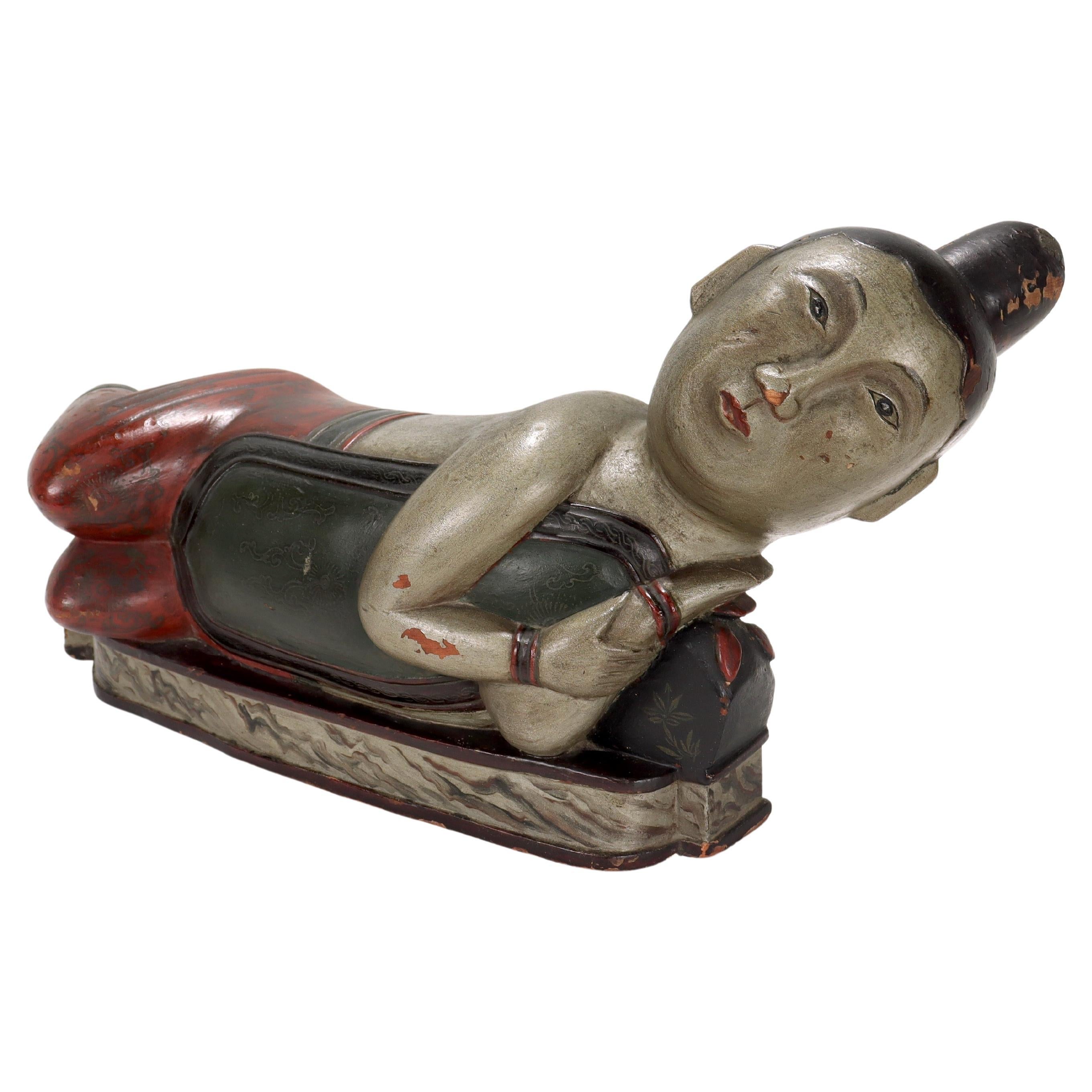 Coussin ou appui-tête chinois ancien en bois sculpté, Qianlong ?