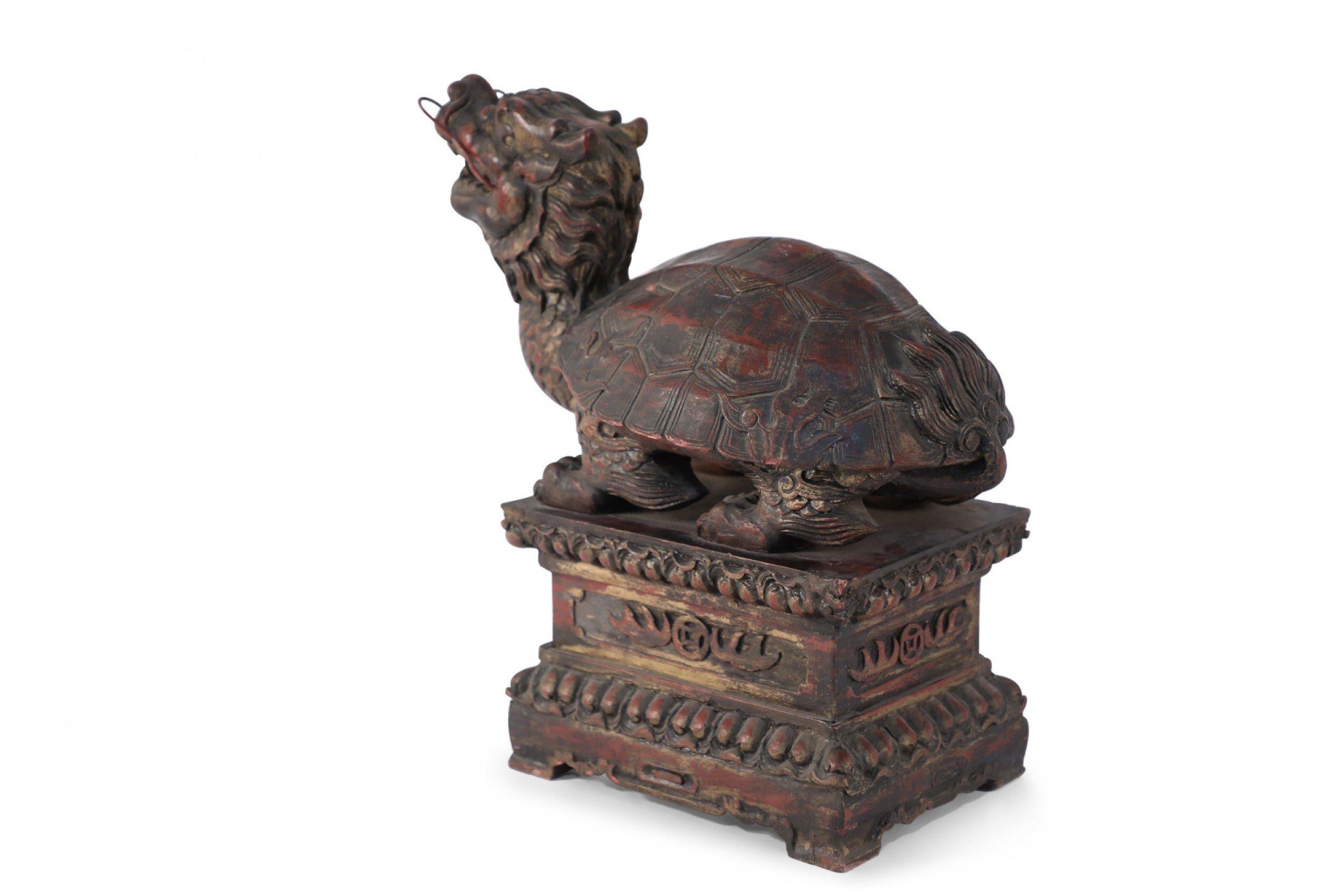 20th Century Antique Chinese Carved Wooden Longgui Dragon Turtle Sculpture For Sale