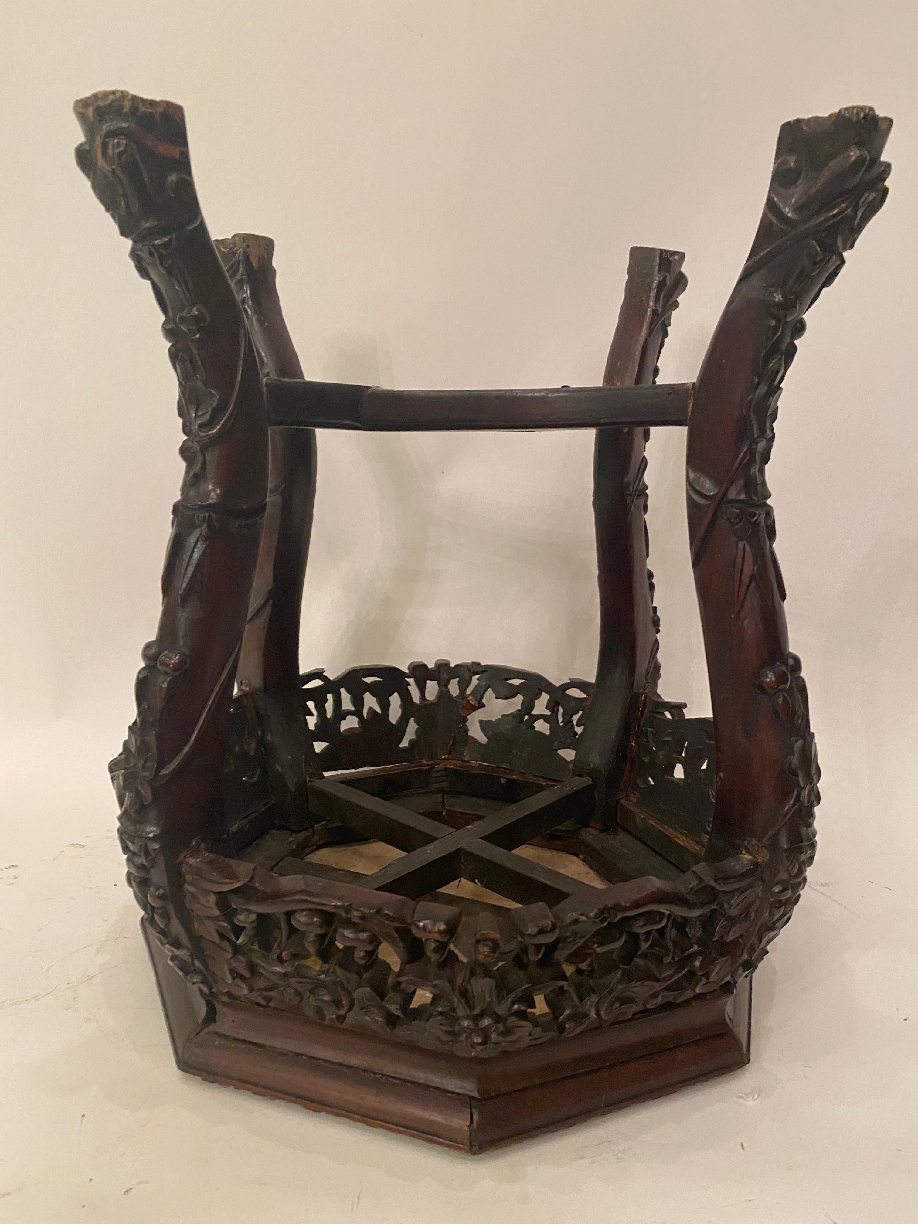 Antique Chinese Carved Wooden Stand with 8 Sides Marble Top For Sale 3