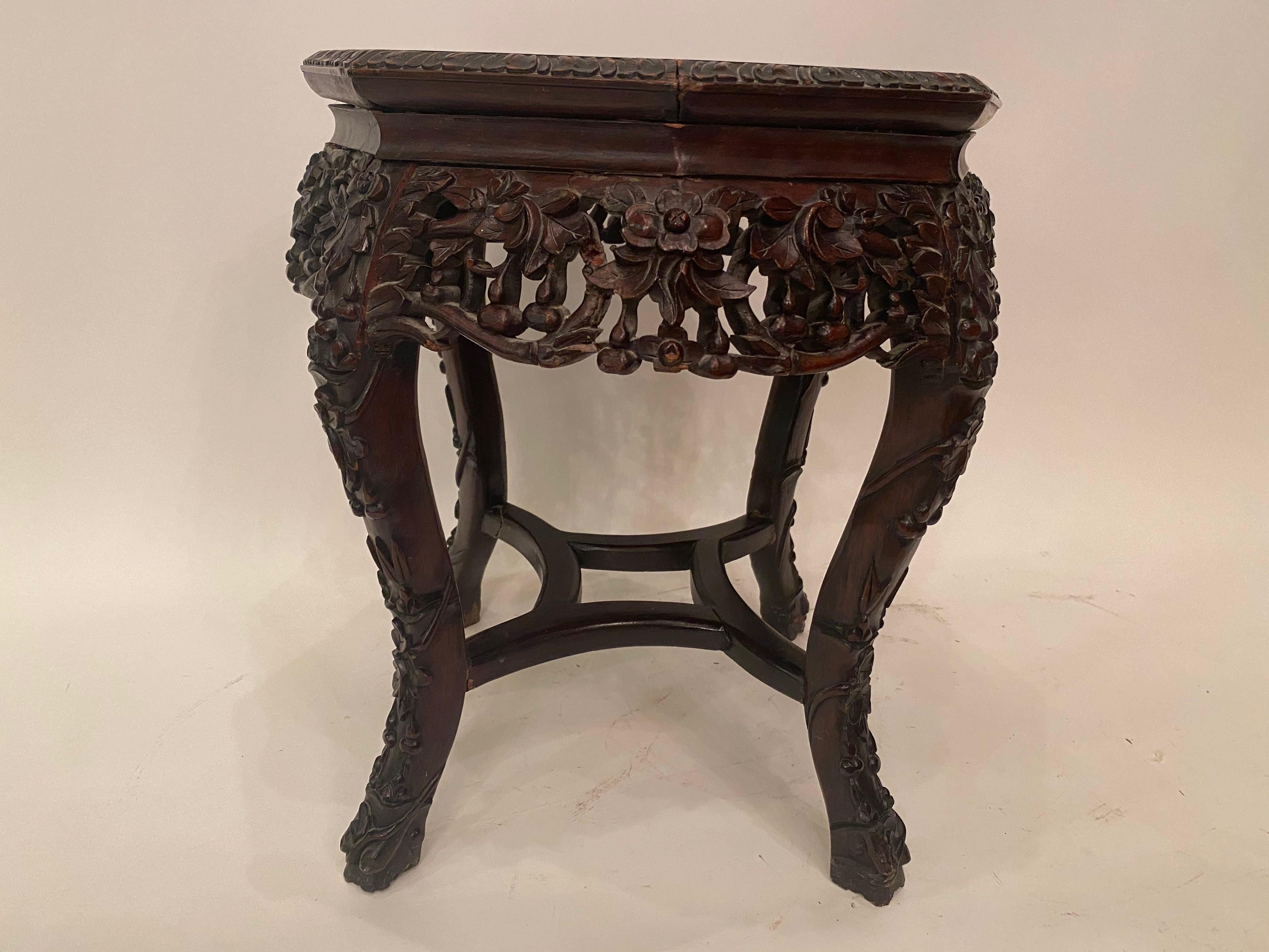 Antique Chinese Carved Wooden Stand with 8 Sides Marble Top For Sale 5